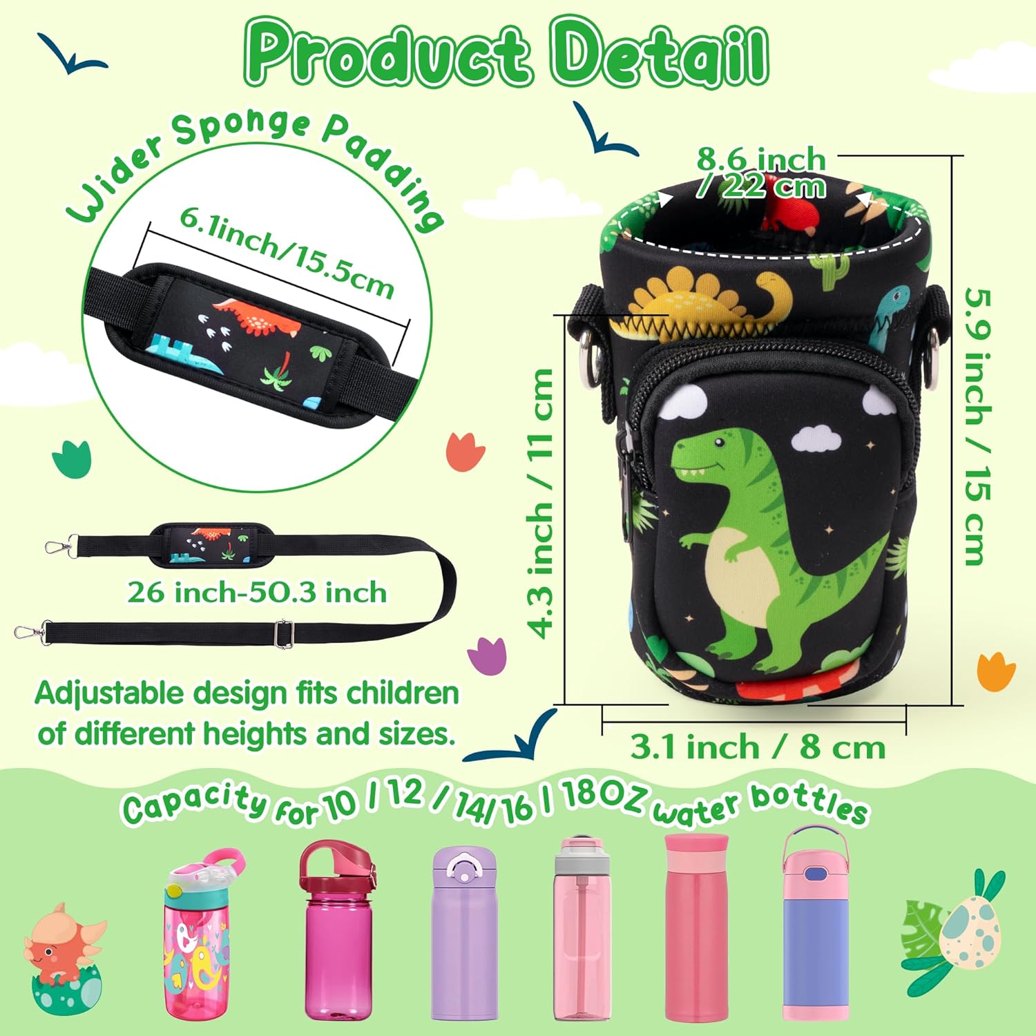 Water Bottle Carrier Bag with Strap for Kids - Water Bottle Bag Holder with Padded Strap Pocket 10/12/14/16/18Oz for Boys Girls School Walking Hiking Camping - Image 2