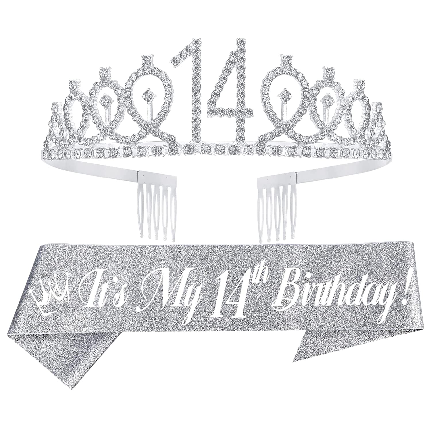 EBE EmmasbyEmma 14th Birthday Sash and Tiara for Girls - Fabulous Set: Glitter Sash + Loops Rhinestone Silver Premium Metal Tiara, 14th Birthday Gifts for Teenegers Party