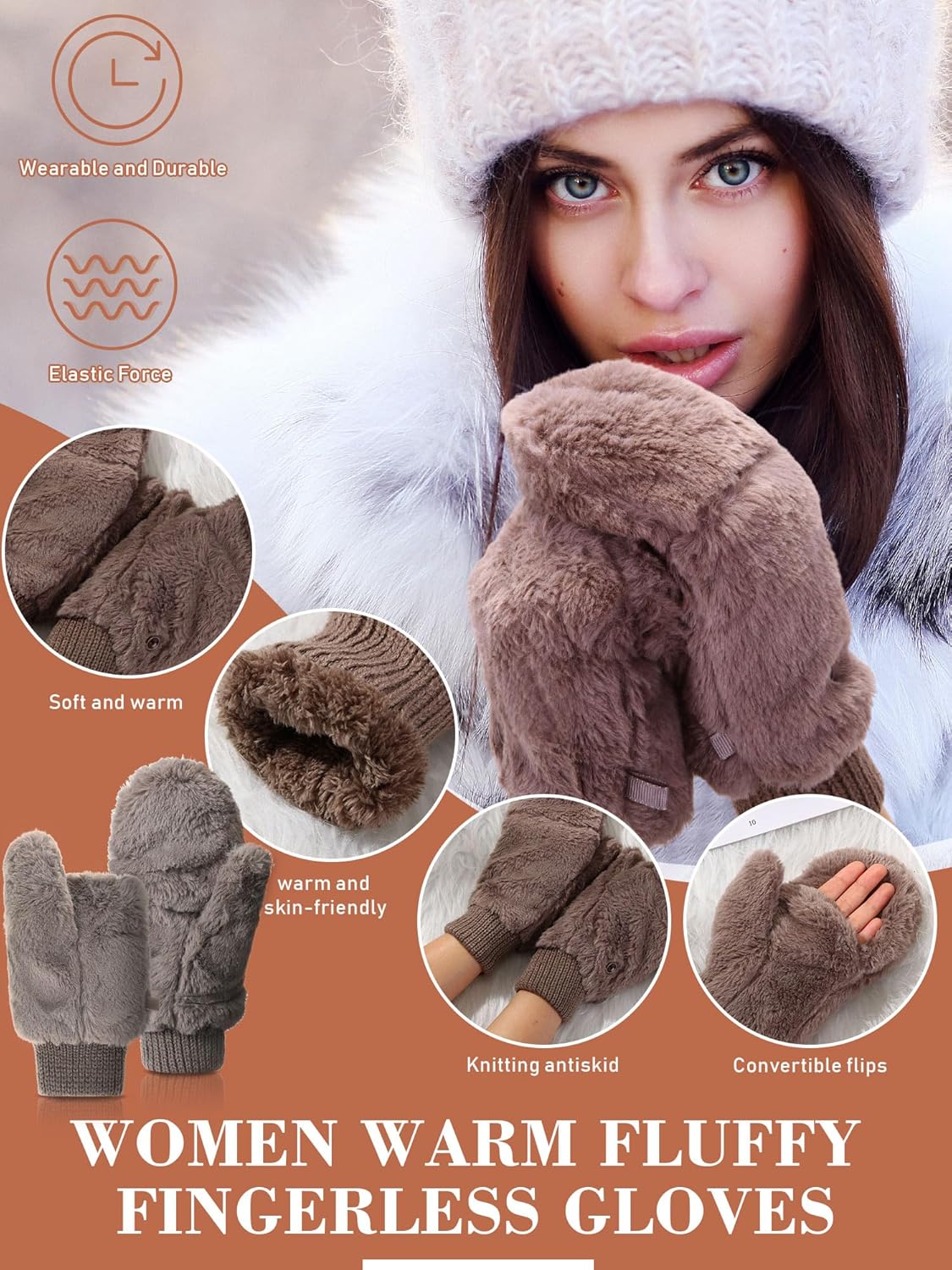 SATINIOR Faux Fur Mittens Fingerless Gloves Convertible Gloves Fluffy Winter Warm Soft Half Finger Fuzzy for Women - Image 4