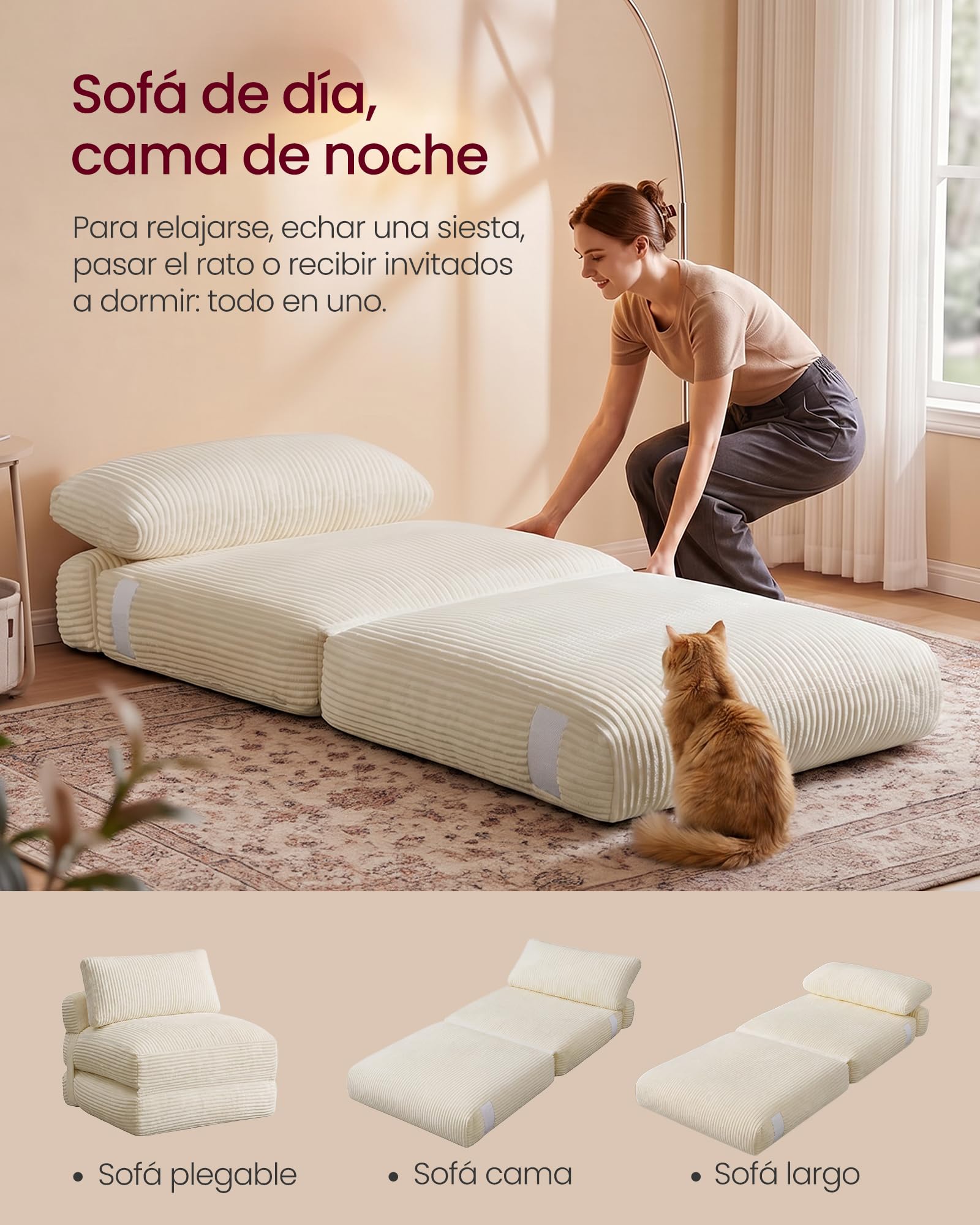 VASAGLE Sofá Cama Plegable, Sillón de Pana con Espuma de Alta Densidad, 89 x 89 x 78 cm / 89 x 195 x 43 cm, Blanco Cálido Claro, para Espacios Pequeños y Salón, Colección Camila LCS211W101