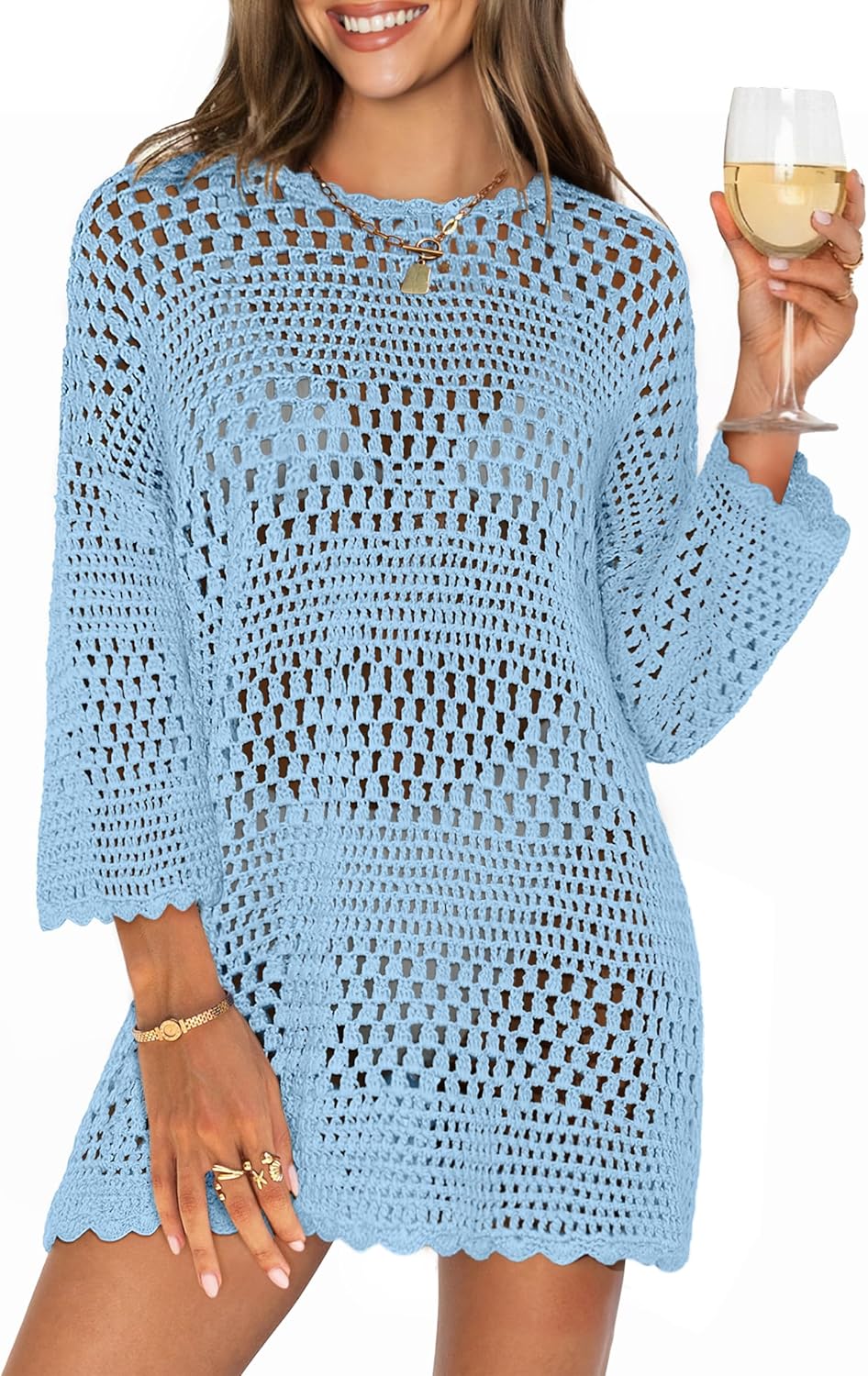 ANRABESS Women 3/4 Sleeve Swimsuit Cover Up 2026 Summer Beach Vacation Clothes Crochet Knit Bathing Suit Swimwear Mini Dress