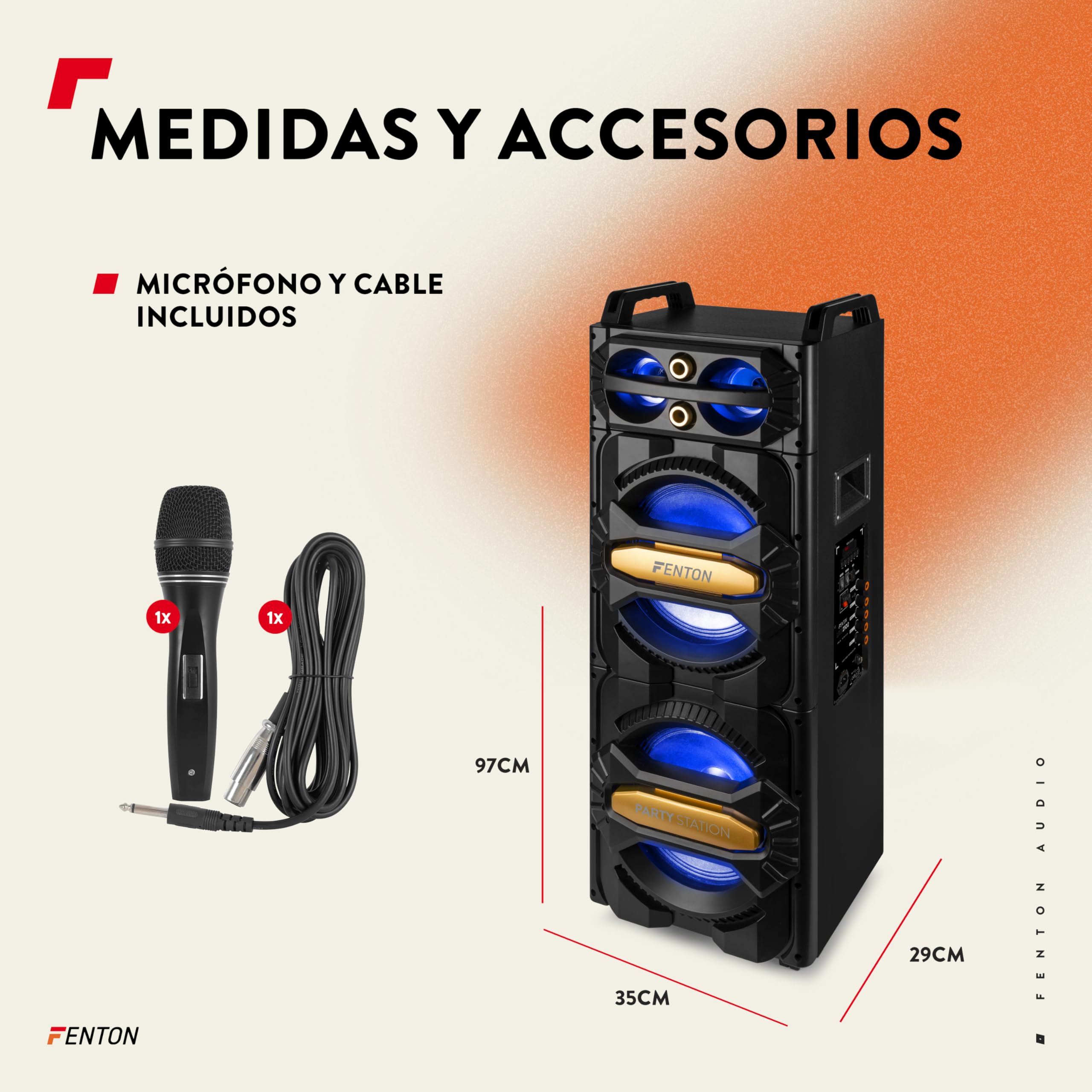 Fenton LIVE2102 – Altavoz Bluetooth Grande Potente 800W con Doble woofer 10", Bluetooth, USB, MicroSD, LED Multicolor, micrófono Incluido, Altavoz Fiesta Karaoke Equipo Sonido, Color Negro