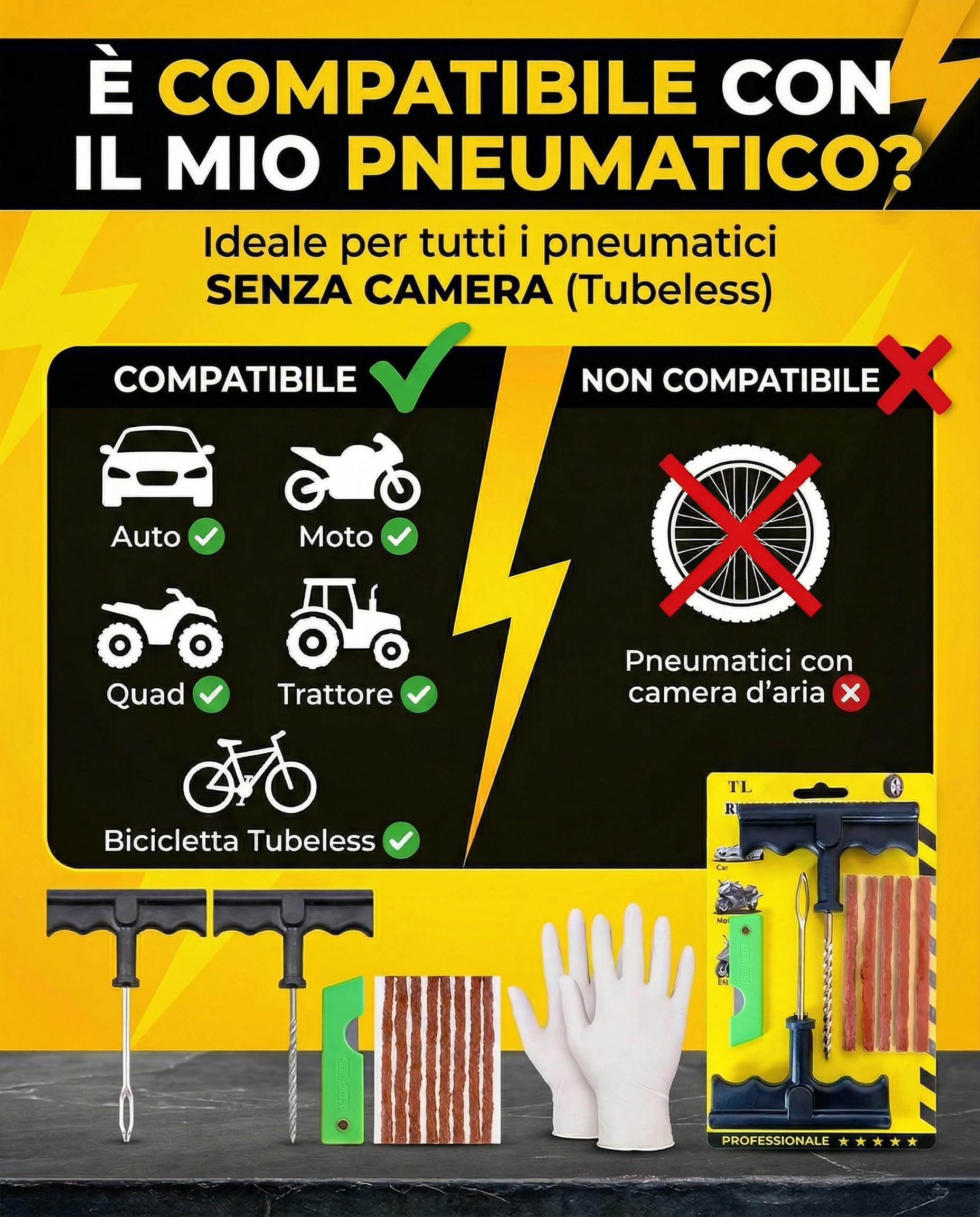 Kit Riparazione Pneumatici Auto - Kit Foratura Moto - Pronto in 15 Minuti - Include 10 Tasselli, 2 Attrezzi a T, Guanti e Taglierino - Kit Rparazione Gomme - 1 unità