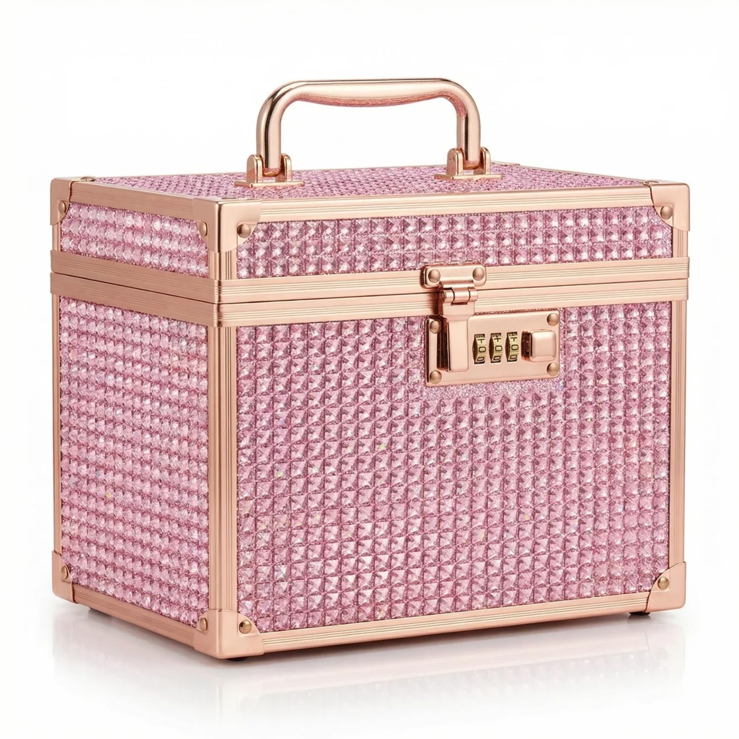 SHAMAX Lockable Rose Gold Makeup Vanity Box, Aluminum Cosmetic Organizer with Mirror, 28x17x20 cm, Waterproof Beauty Storage Case (RainBowRG)-image-36