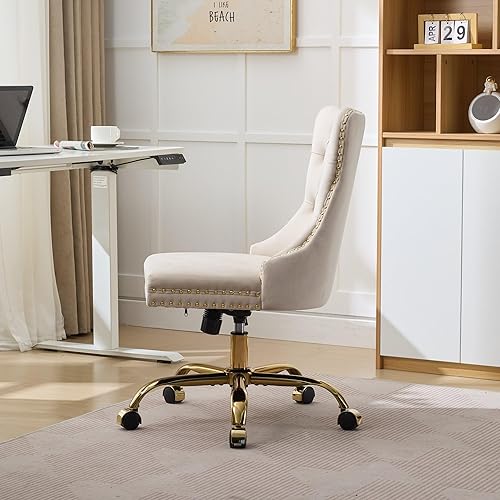 Miniatura 4 de Goujxcy Silla de escritorio, moderna silla de oficina en casa tapizada de terciopelo, sillas de escritorio giratorias de 360 sin brazos, sillas