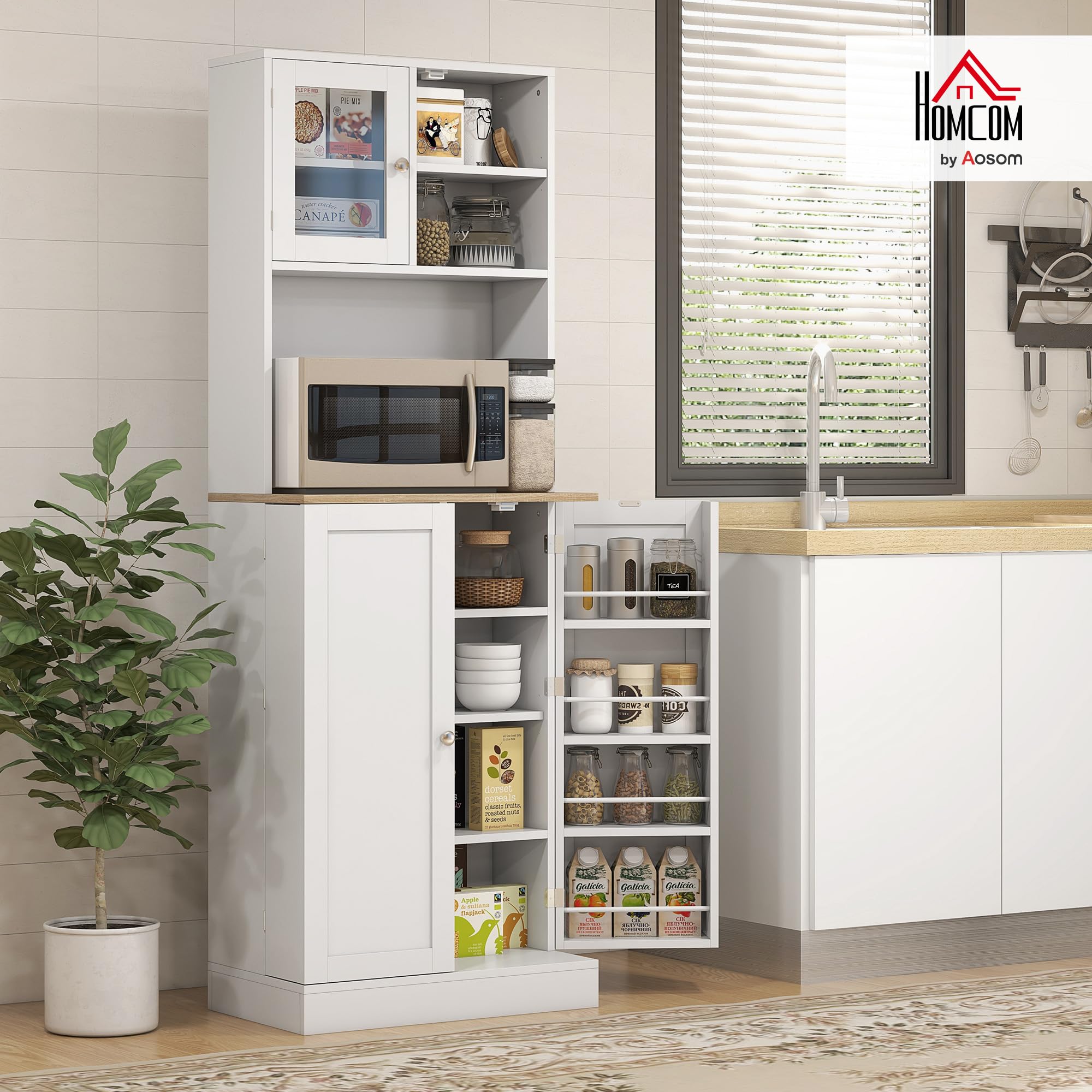 HOMCOM Alacena de Cocina, Armario de Cocina con 3 Puertas, Estantes Regulables y 8 Compartimentos en la Puerta, para Salón, Comedor, 60x35x169 cm, Blanco