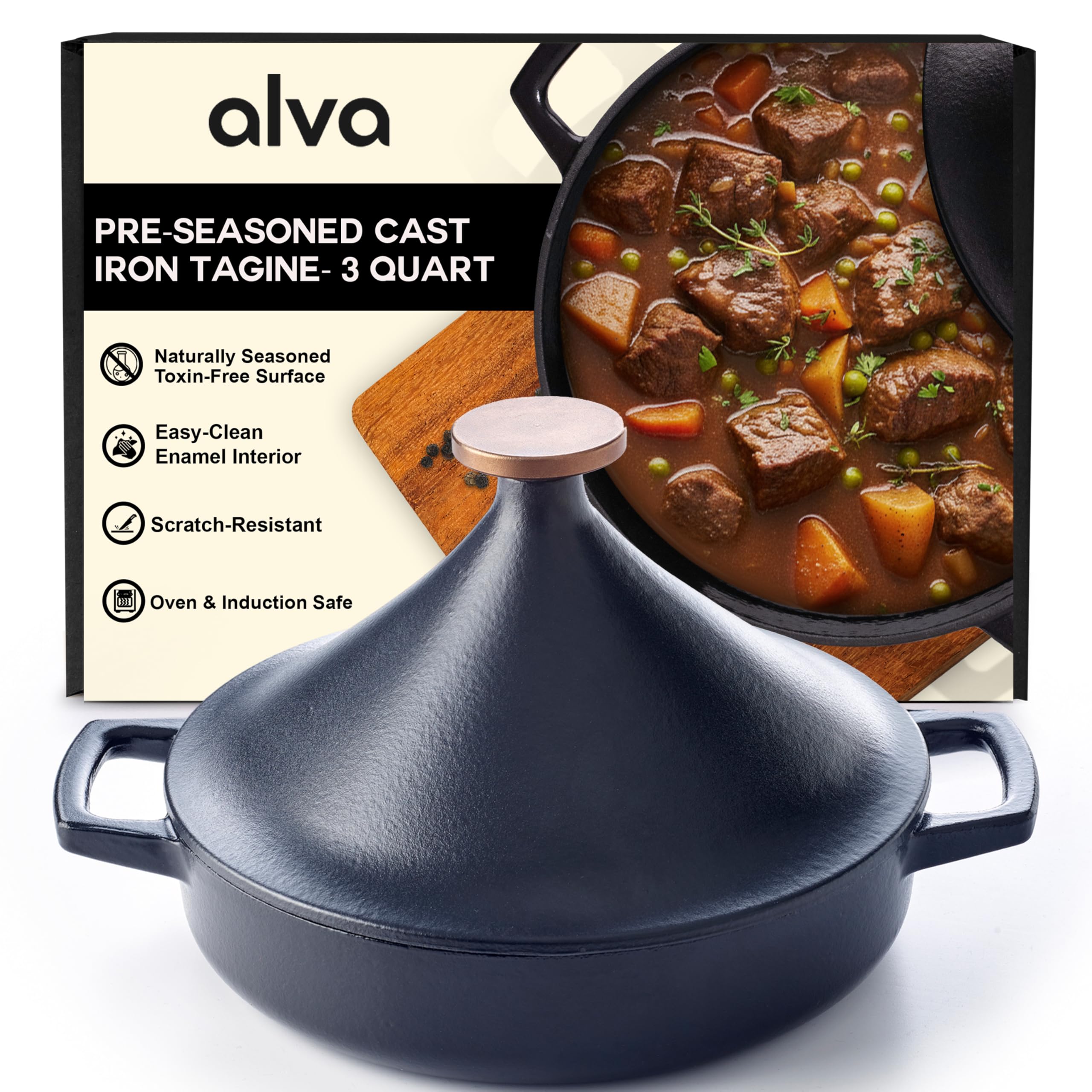 - Alva Nori 3-Qt Enameled Cast Iron Tagine Pot | Toxic-Free 3-Layer Enamel | Induction & Oven Safe Up to 500°F | No Seasoning Needed | Moroccan Slow-Cook, Stew & Roast