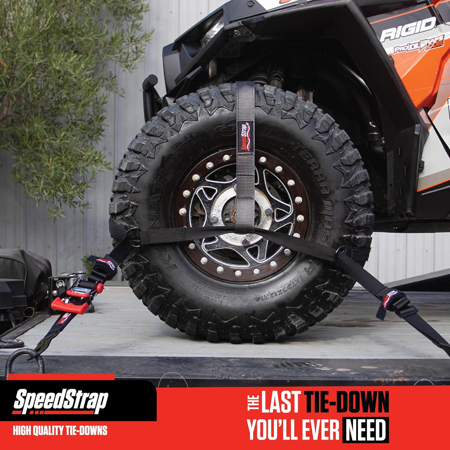 SpeedStrap 1.5" Essential UTV Tire Straps Bonnet Kit with Tool Bag - 4,000 lb MRC, 2-Pack Ratchet Tire Tie Down Straps Over The Wheel, Tire Straps for UTV, ATV - Fits 26”-36” Tires (Black)