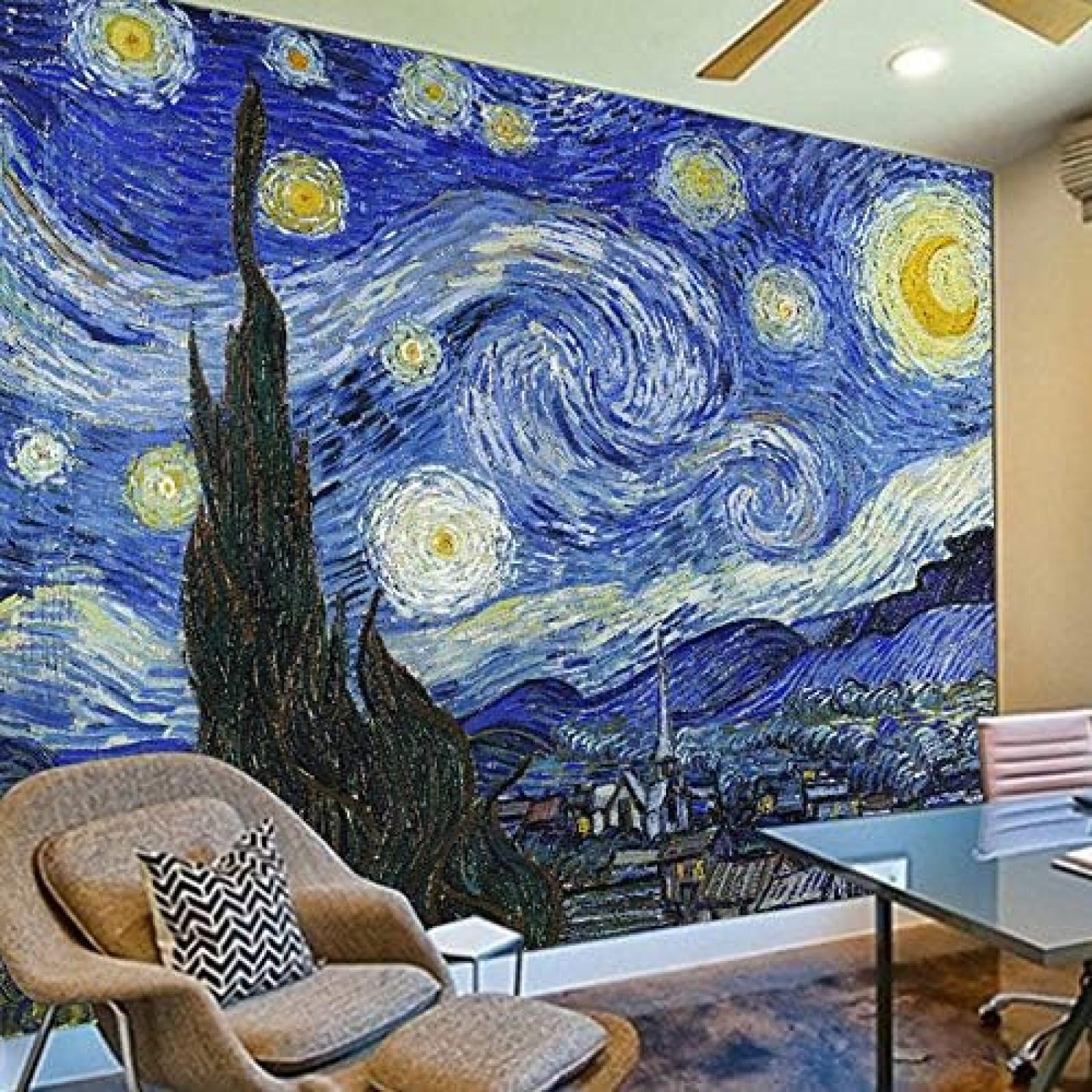 XLMING Hand Painted Oil Painting Starry Night Art Wall 3D Wallpaper Living Room Sofa Bedroom Dining Room Home Decoration Wall-300cm×210cm
