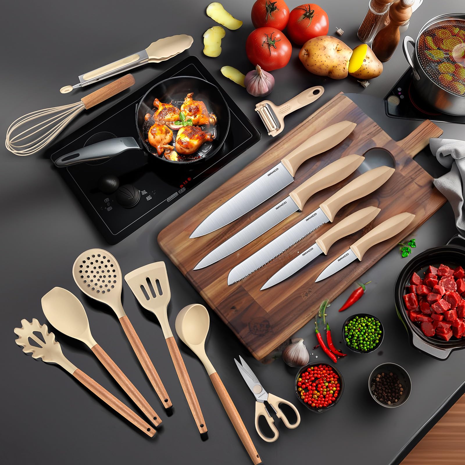 RAXCO Lot de 18 pi¨¨ces couteaux de cuisine avec bloc, ustensiles de cuisine avec set de 5 pi¨¨ces de couteaux et 7 pi¨¨ces de spatules en silicone, set d'accessoires de cuisine