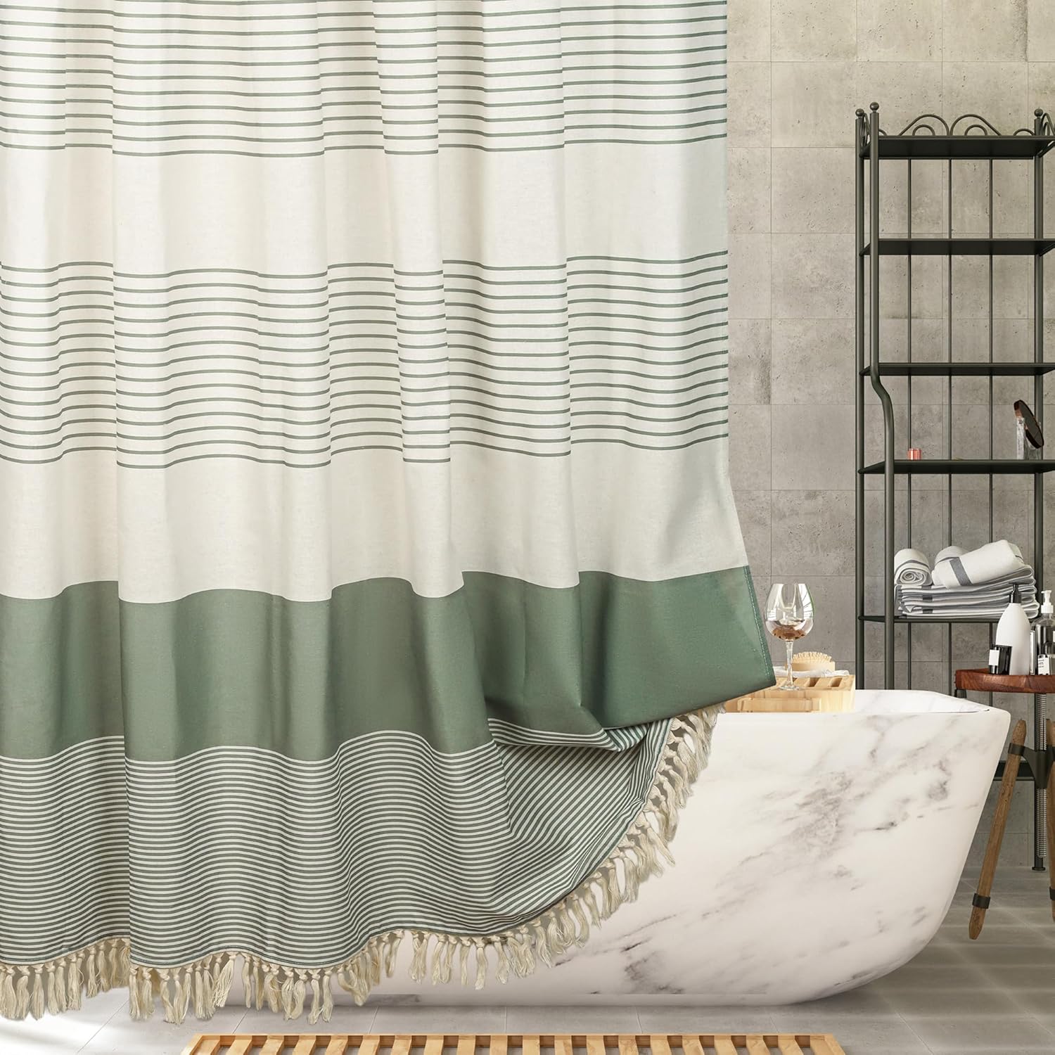 Green Linen Look Shower Curtain – Rustic Boho Farmhouse Style for Bathroom Decor, Waterproof & Wrinkle-Resistant Fabric, 72"x84" with 12 Hooks