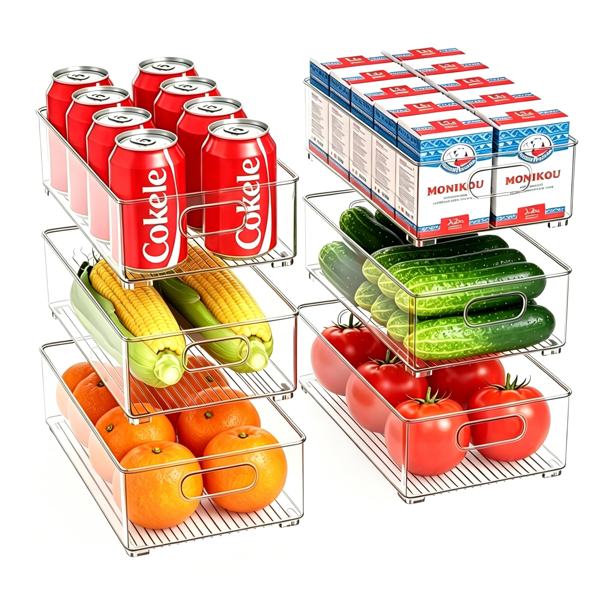 Famhap Kühlschrank Organizer Stapelbar 6 Stück | PET-Material, 3 Größen, Transparent Griffig, Rutschfest & Platzsparend für Küche Speisekammer Bad Büro