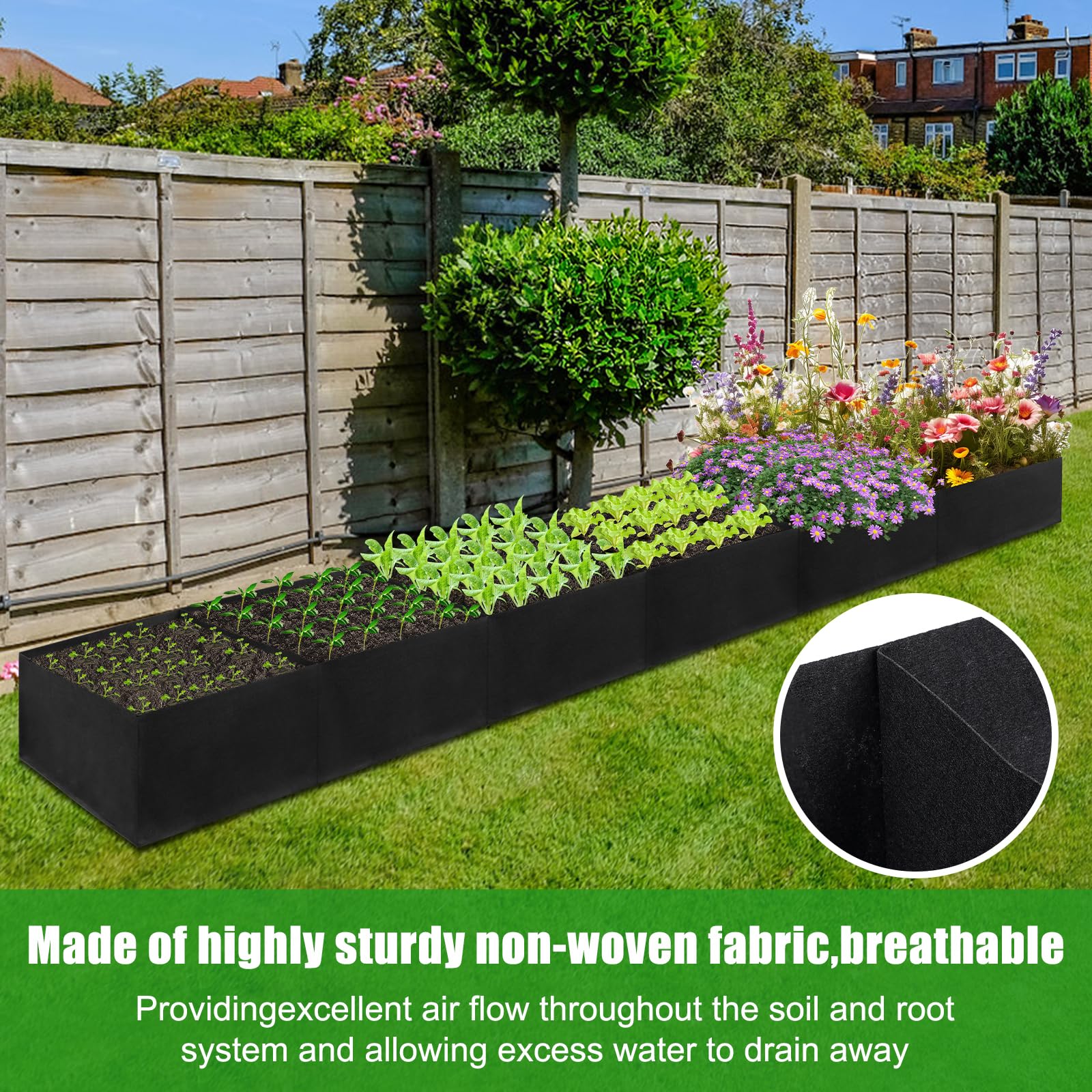 VZZNN Lot de 2 parterres de jardin surélevés en tissu non tissé de 3,7 x 0,6 x 0,3 m – 6 grilles pour cultiver des herbes, des fleurs et des légumes