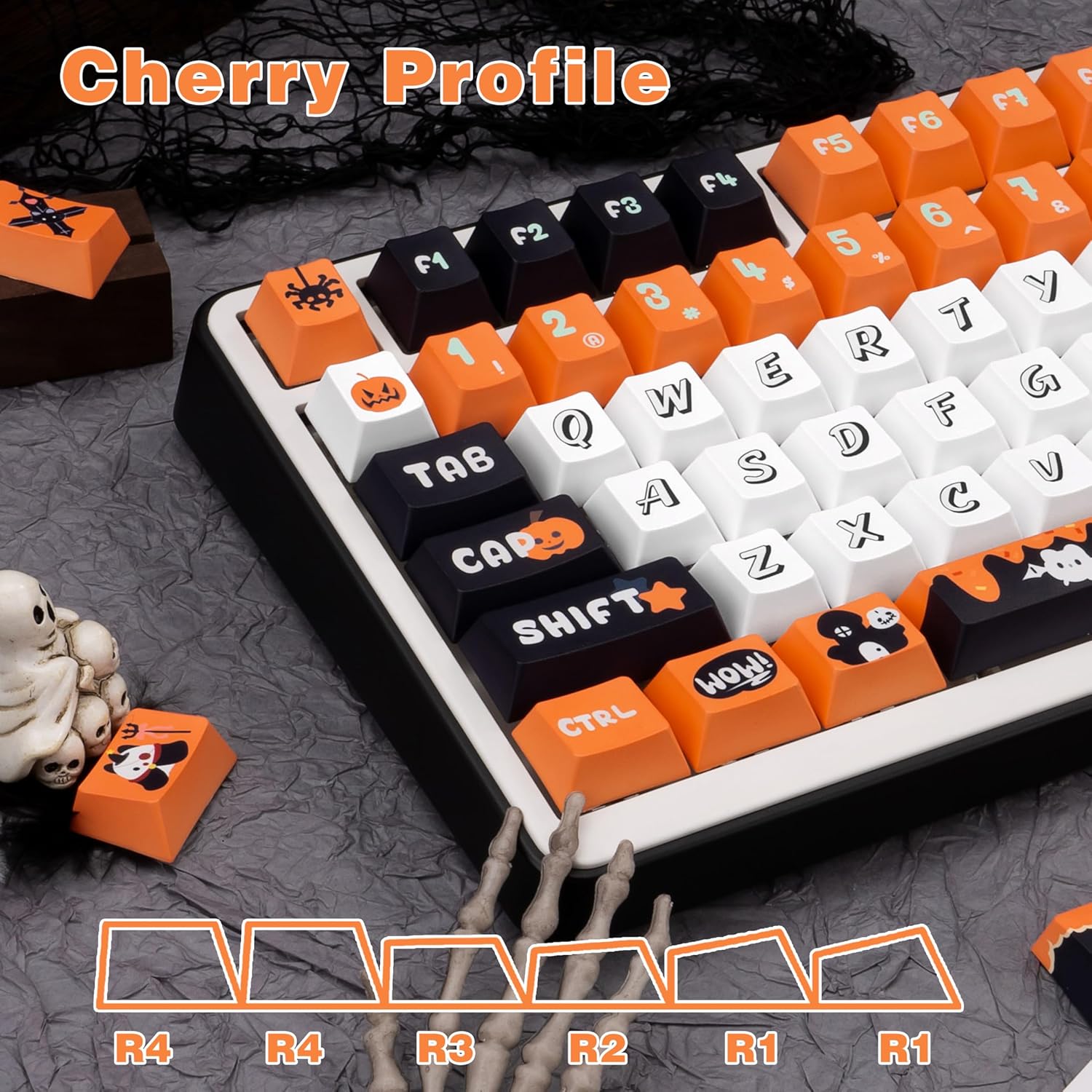 143 Keys Halloween Themed PBT Keycaps Cherry Profile Dye Sublimation Keycap Custom Orange Cute Key caps Compatible with for 61/64/75/84/87/104/108 Mechanical Keyboard.