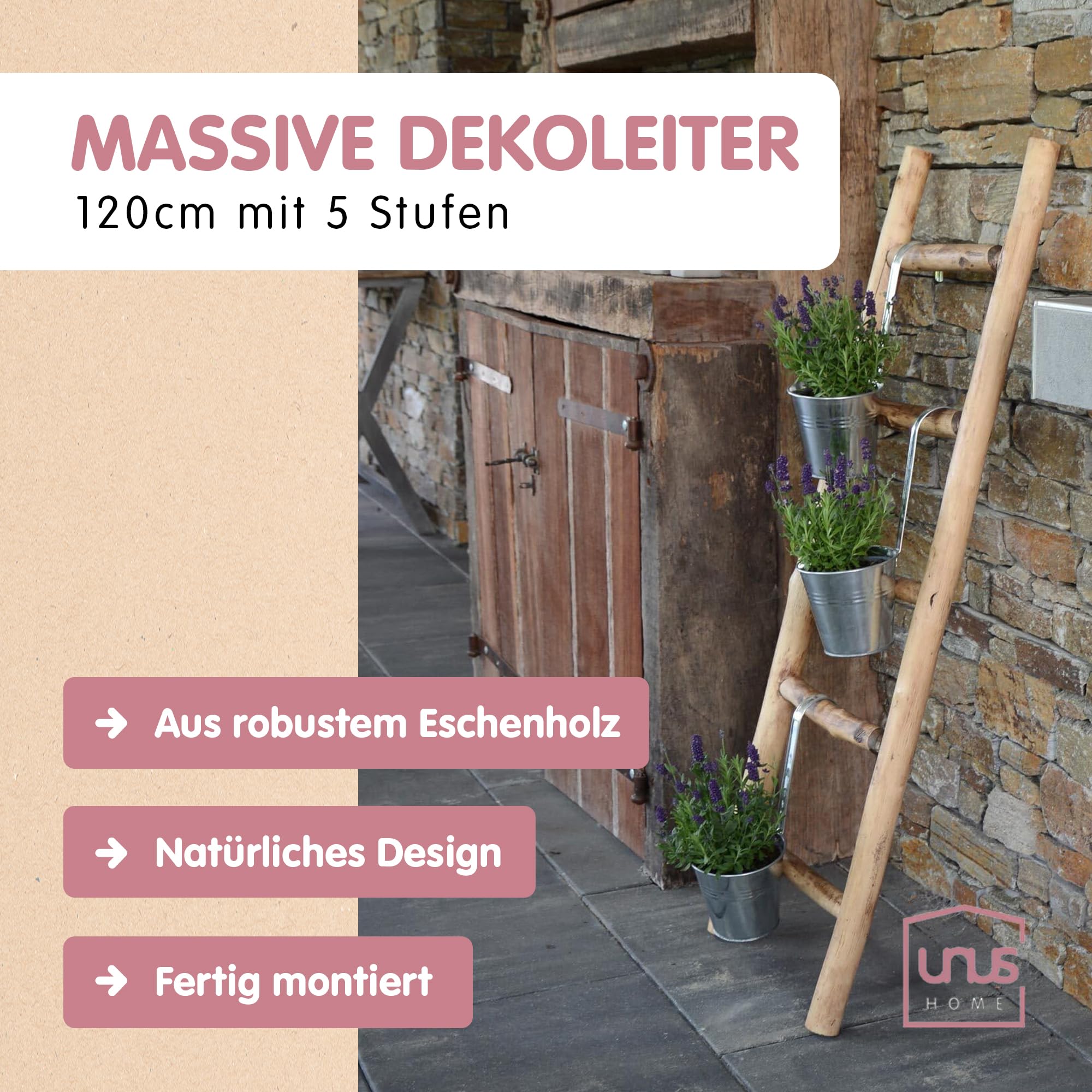 UNUS Dekoleiter Holzleiter Deko Leiter Wand Dekoration Handtuchhalter 120cm 5 Stufen Old Look