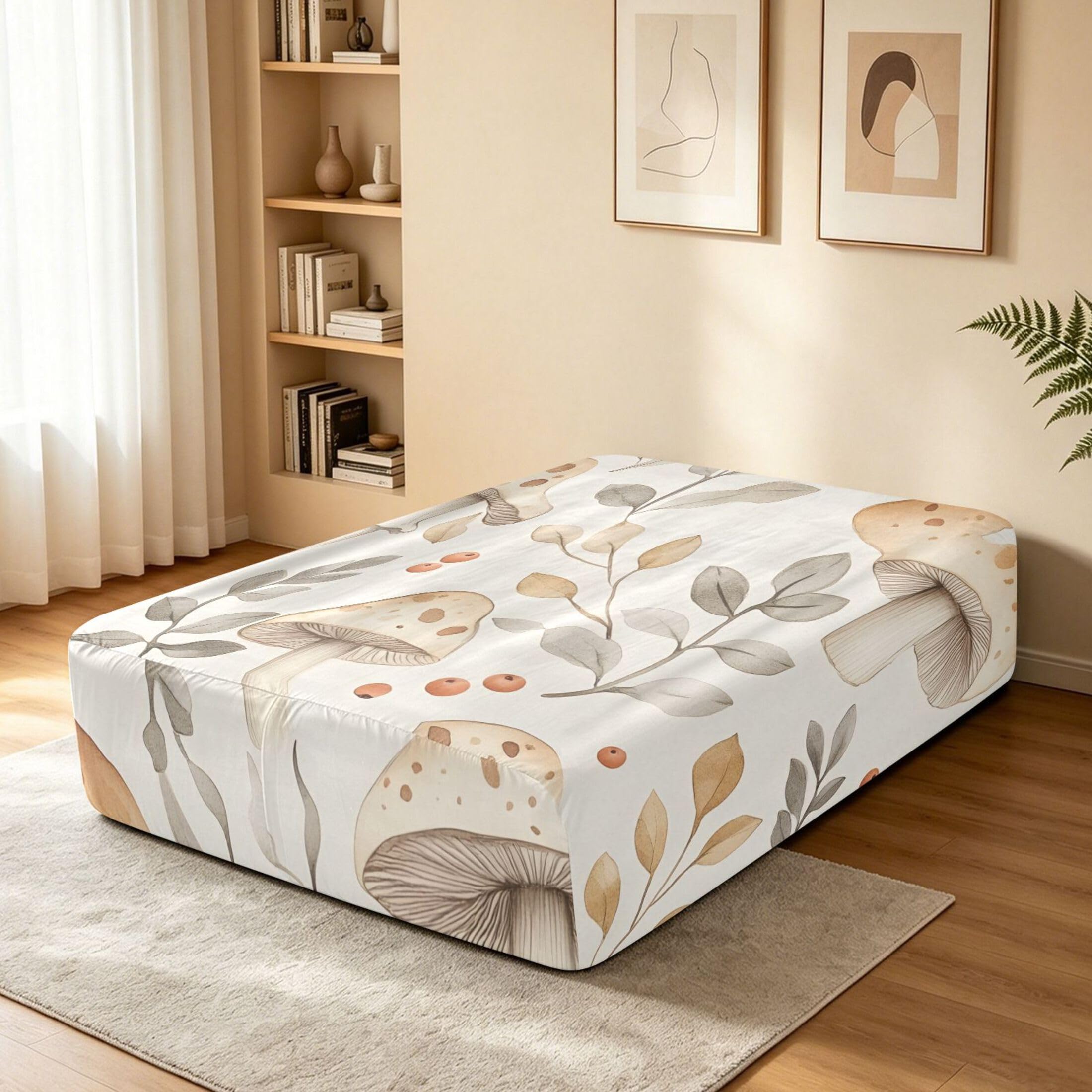 Sábana bajera ajustable individual con diseño de hongos de acuarela para colchón de aire, bolsillo extra profundo de 24 pulgadas, funda suave y transpirable con apertura de válvula de
