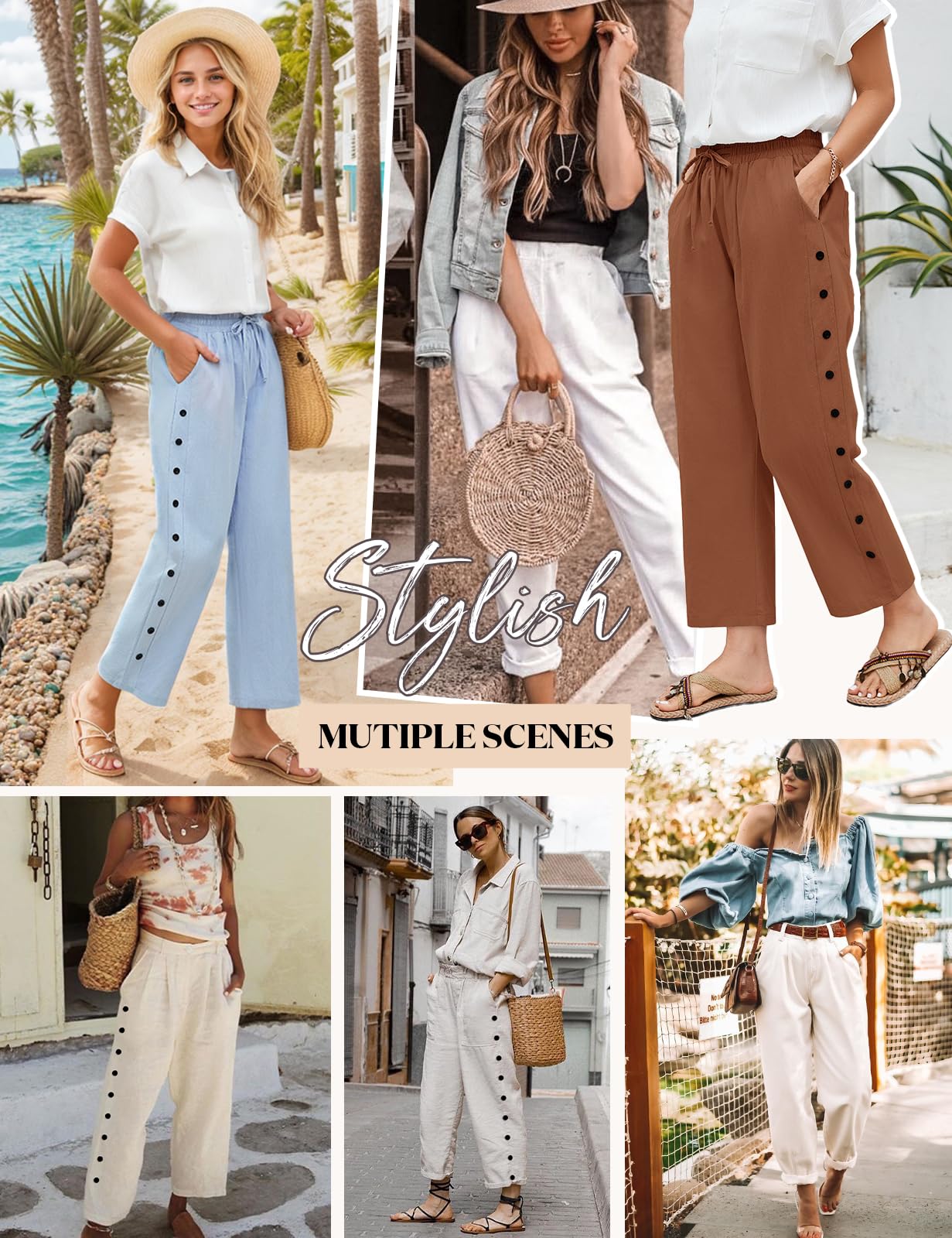 Voqeen Pantalon Femme Été 7/8 Pantacourt Fluide Léger avec Poches Pants de Plage Ample Décontracté Taille Elastique en Coton Pantalon de Travail avec Cordon
