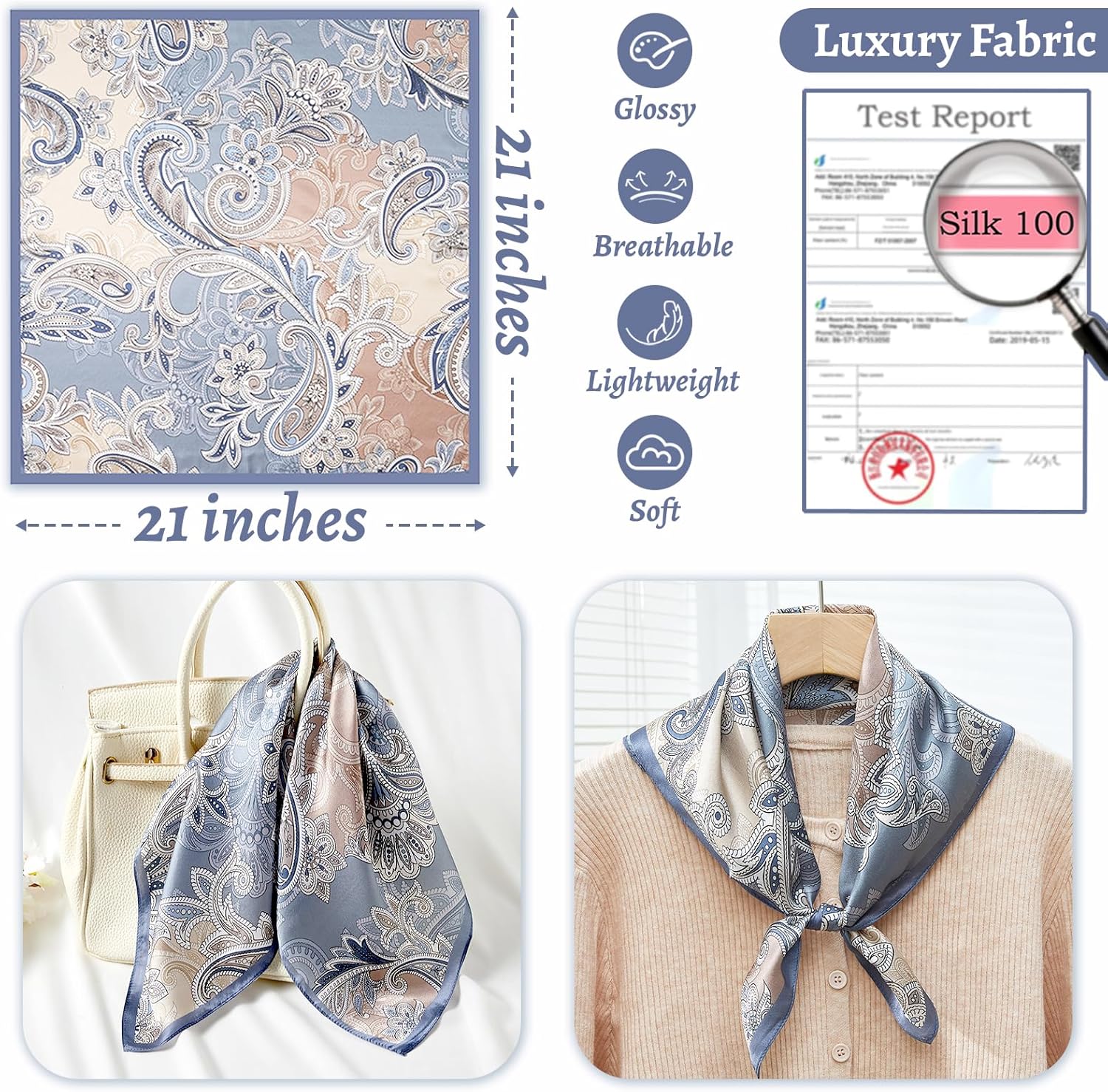 100% Mulberry Silk Neck Scarf 21''x21'' Small Square Hair Scarf for Women Men Lightweight Bandana Envelope Package - Image 2