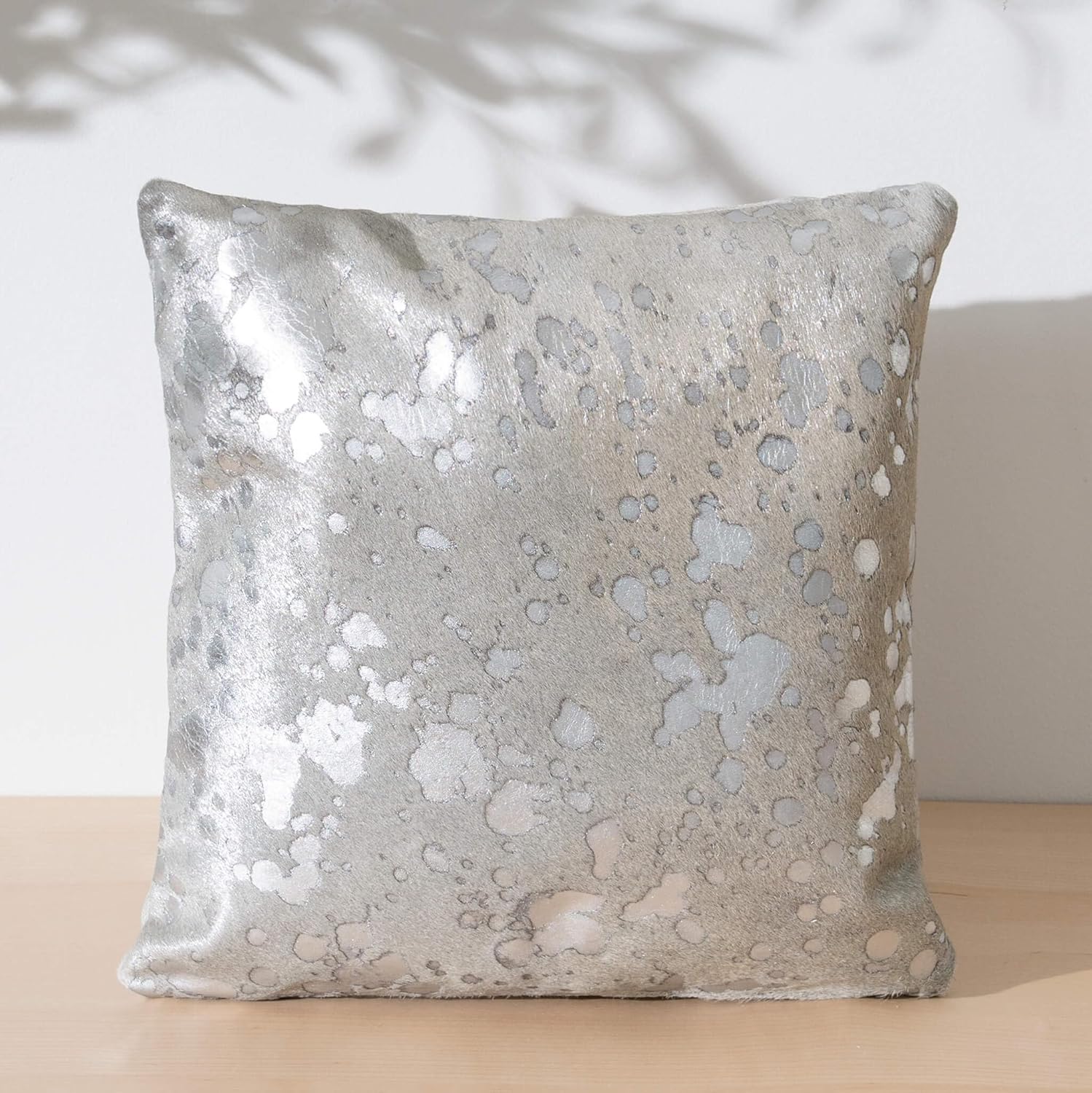 ecowhides 100% Genuine Brazilian Cowhide Pillow Cover – Silver Metallic – Luxury Leather Decorative Cushion for Rustic & Western Home Décor – 15” x 15”