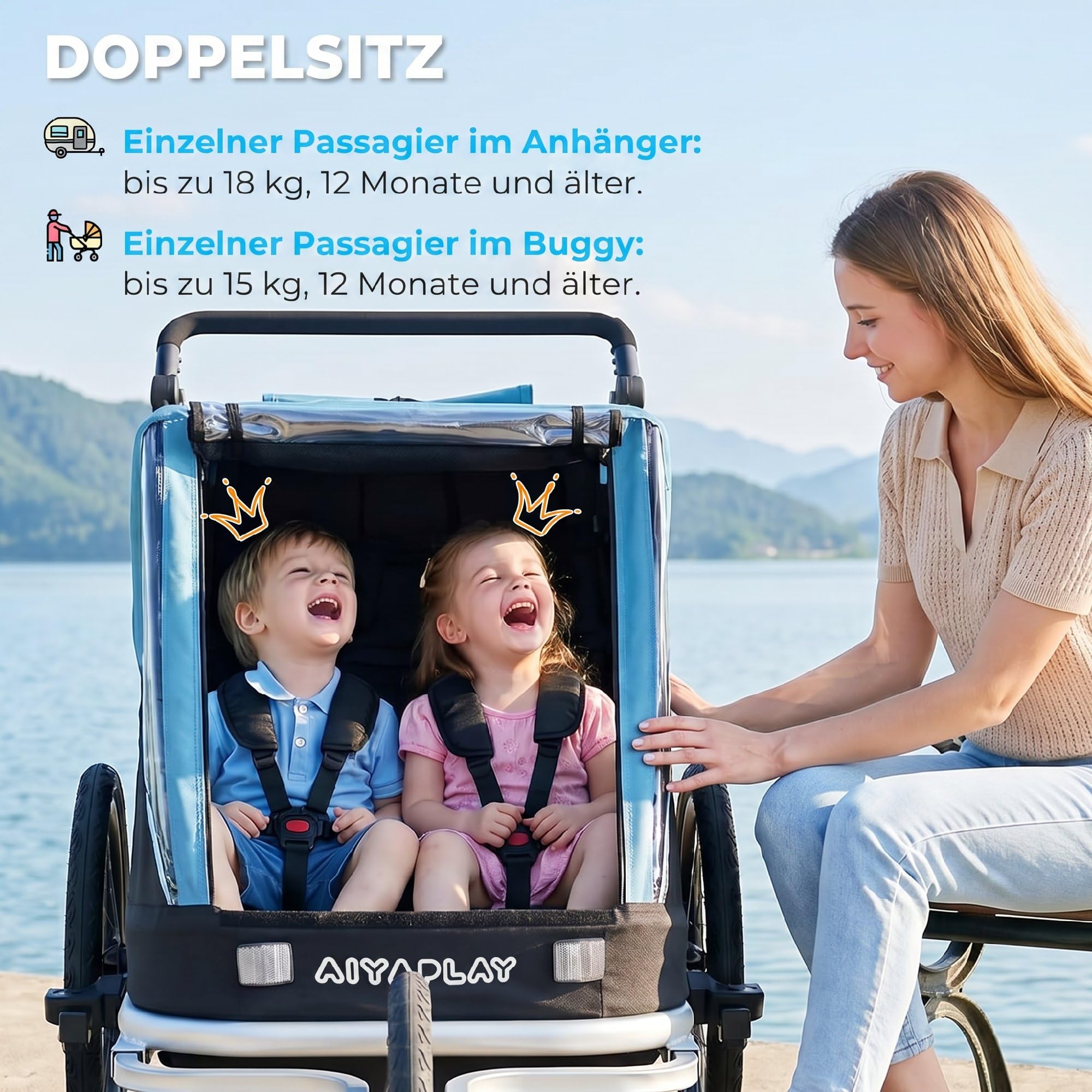 AIYAPLAY Remolque de bicicleta 2 en 1 y cochecito de 2 plazas, plegable, con correa de 5 puntos, bandera de seguridad, para niños a partir de 12 meses, máx. 18 kg