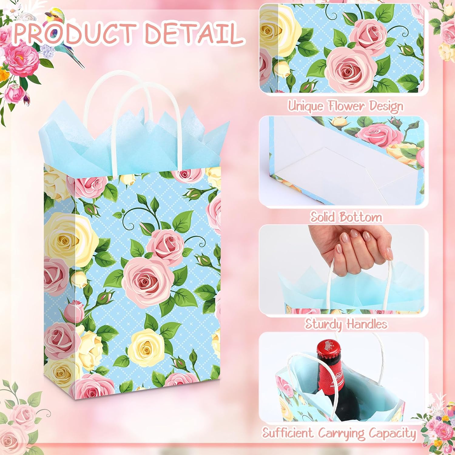 Pasimy 24 Pcs Floral Tea Party Bags with Tissue Paper Vintage Flower Gift Bags with Handles Candy Treat Goodie Flower Pouch for Tea Party Birthday Baby Shower Bridal Shower Wedding Supplies image 3