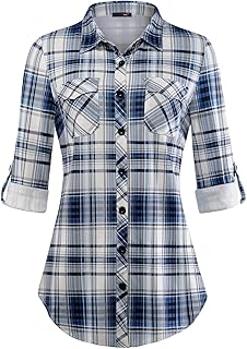 Blusas a cuadros suaves y elásticas para mujer, diseño de manga larga enrollable, con cuello y botones