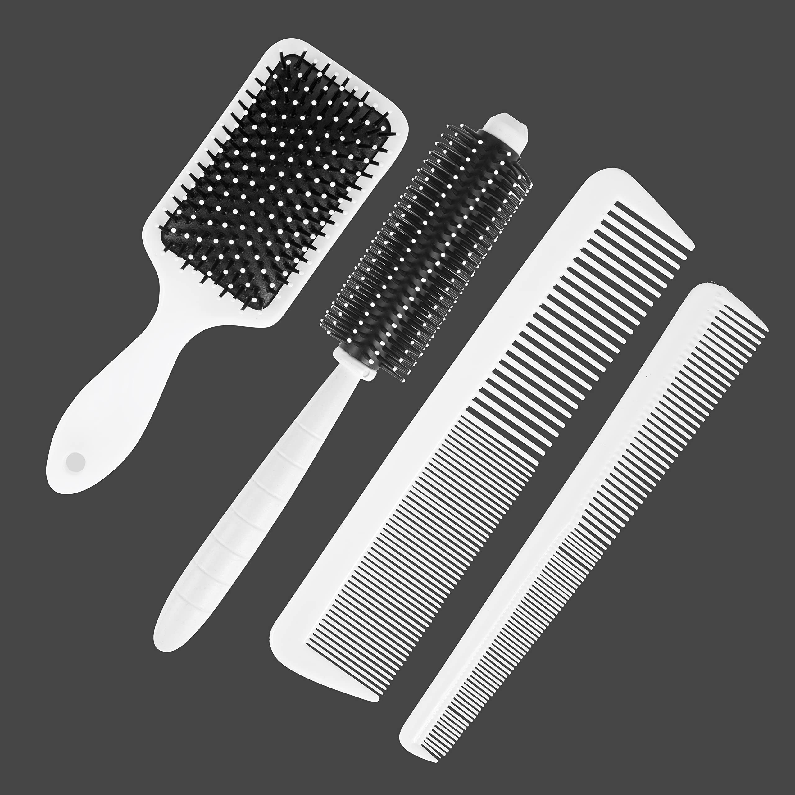 Mluffy Dressing Stylish Variety Paddle Brush Kangi Hair Round Comb Set for Women's (White) (Set Of 4)