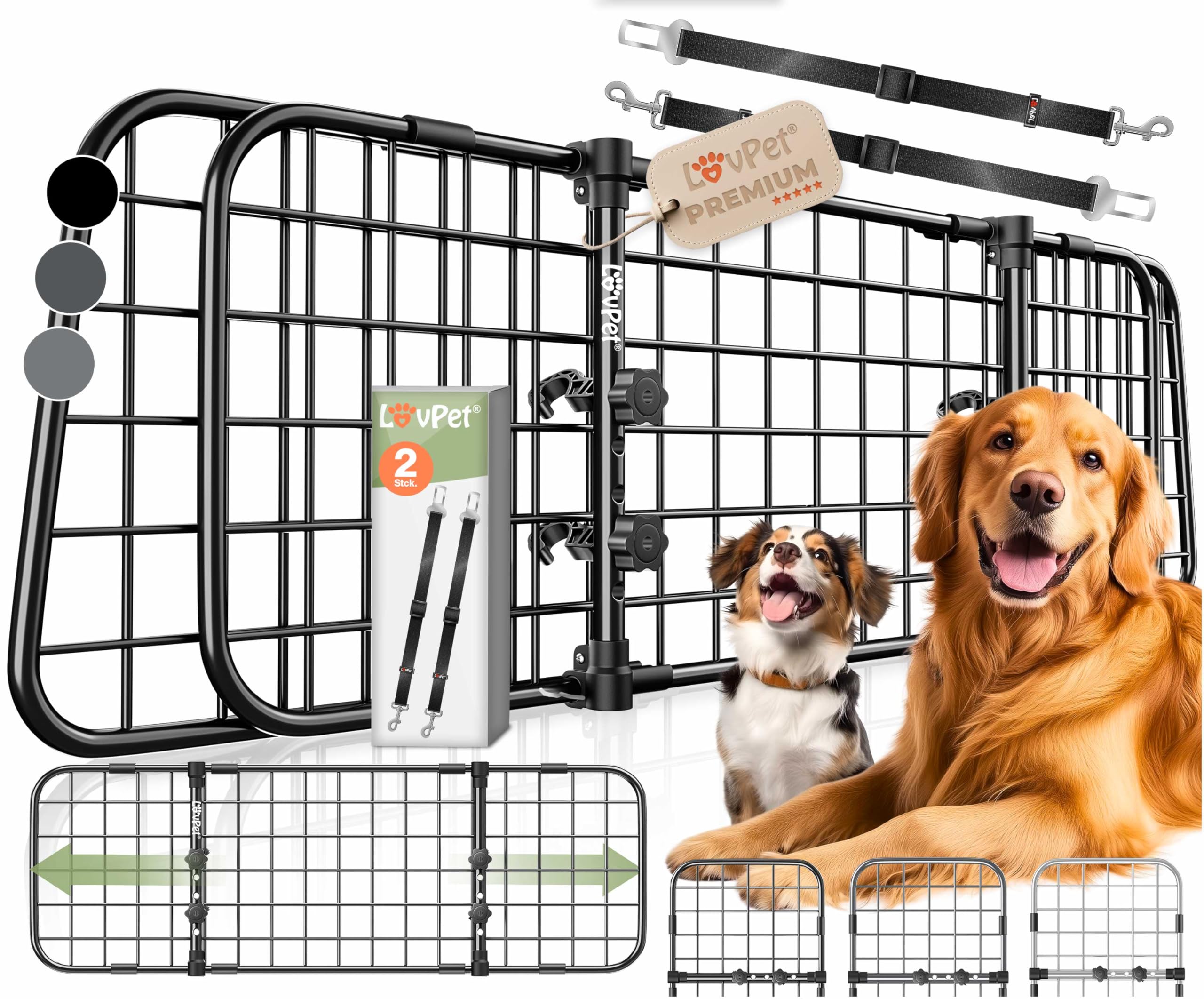 LOVPET® Dog Guard Car, divisorio per auto universale, regolabile in larghezza, poggiatesta, portabagagli, dimensioni HxW 30 x 91-153 cm portabagagli, + 2x cinghia di sicurezza per cani, Nero