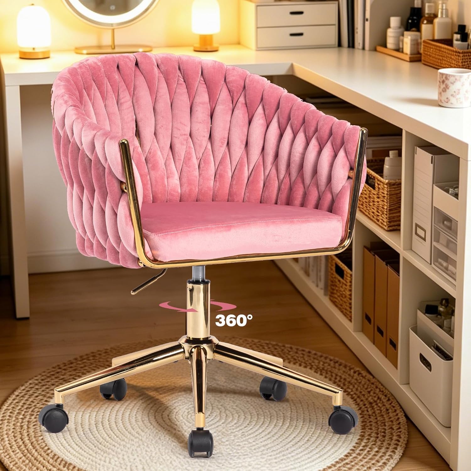 Cute Velvet Office Chair with Back and Golden Wheels, 360° Swivel Small Office Desk Chair Makeup Vanity Chair for Bedroom, Pink Rolling Chair
