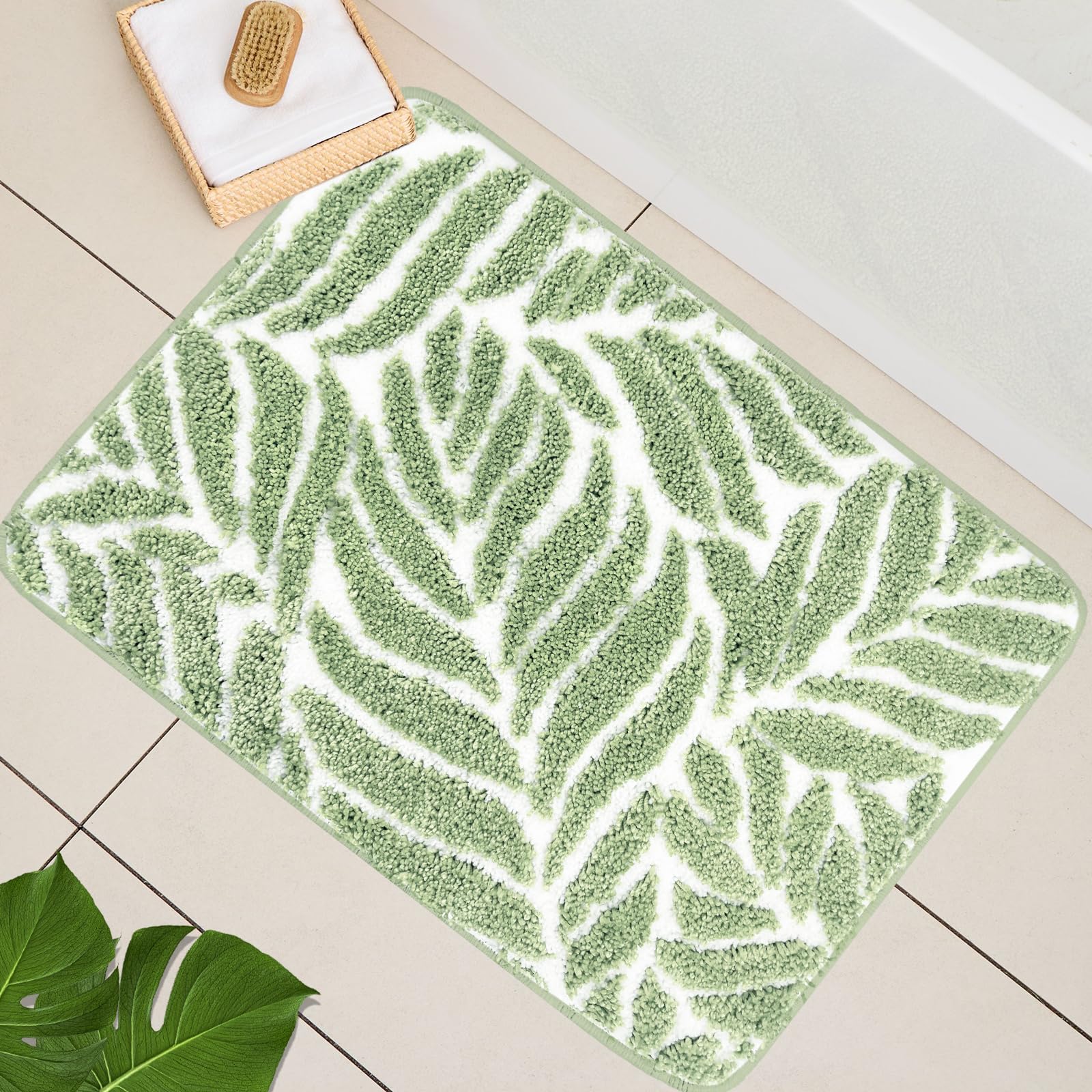 Homantic Sage Green Bathroom Rugs - Small Bath Mats for Bathroom Non Slip Sage Green Decor Water Absorbent Bath Rugs for Sink Bathtub Leaf Green Rug