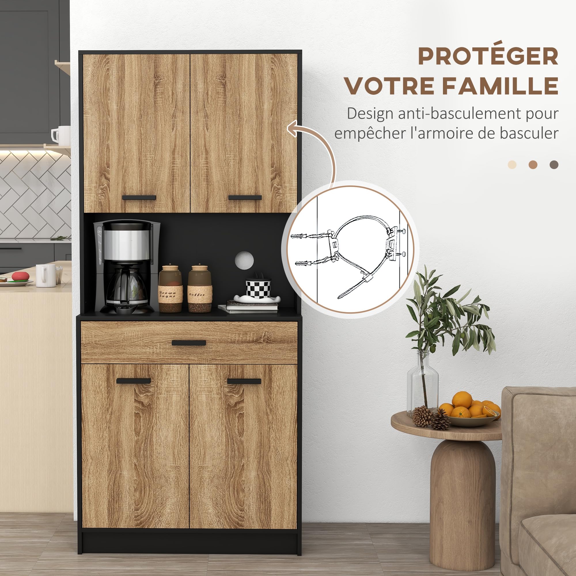 HOMCOM Armoire de Cuisine 4 Portes 1 Tiroir 80 x 40 x 180 cm Noir Naturel | Buffet de Cuisine, Meuble de Rangement, 2 Placards, Passe-Câbles, Design Industriel