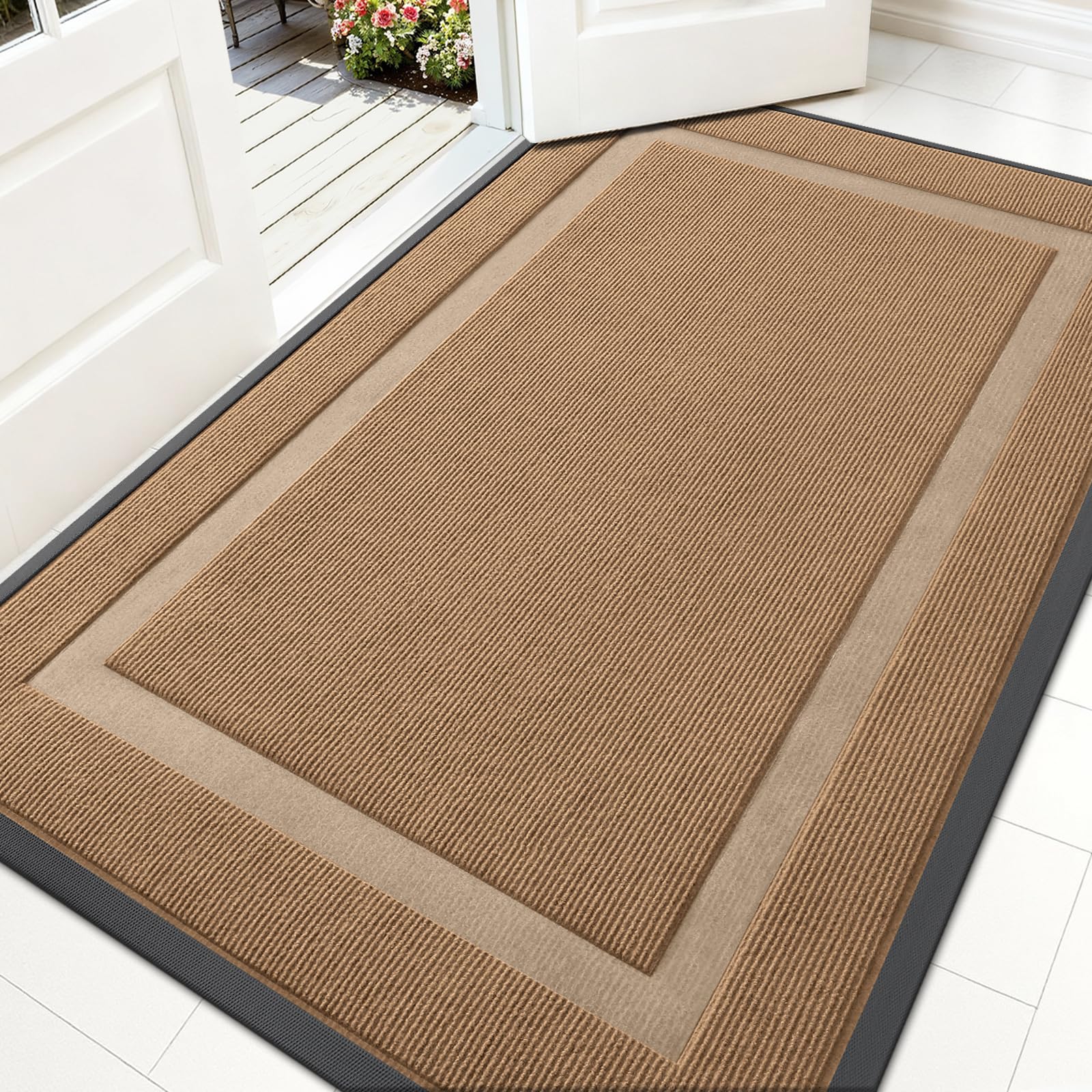 OLANLY Front Door Mat Indoor Outdoor Entrance, Waterproof All-Season, All-Weather Doormat, Sturdy Natural Rubber, Fade Resistant, Low Profile, Easy Clean Patio Porch Entryway Mat, 59x35, Light Brown