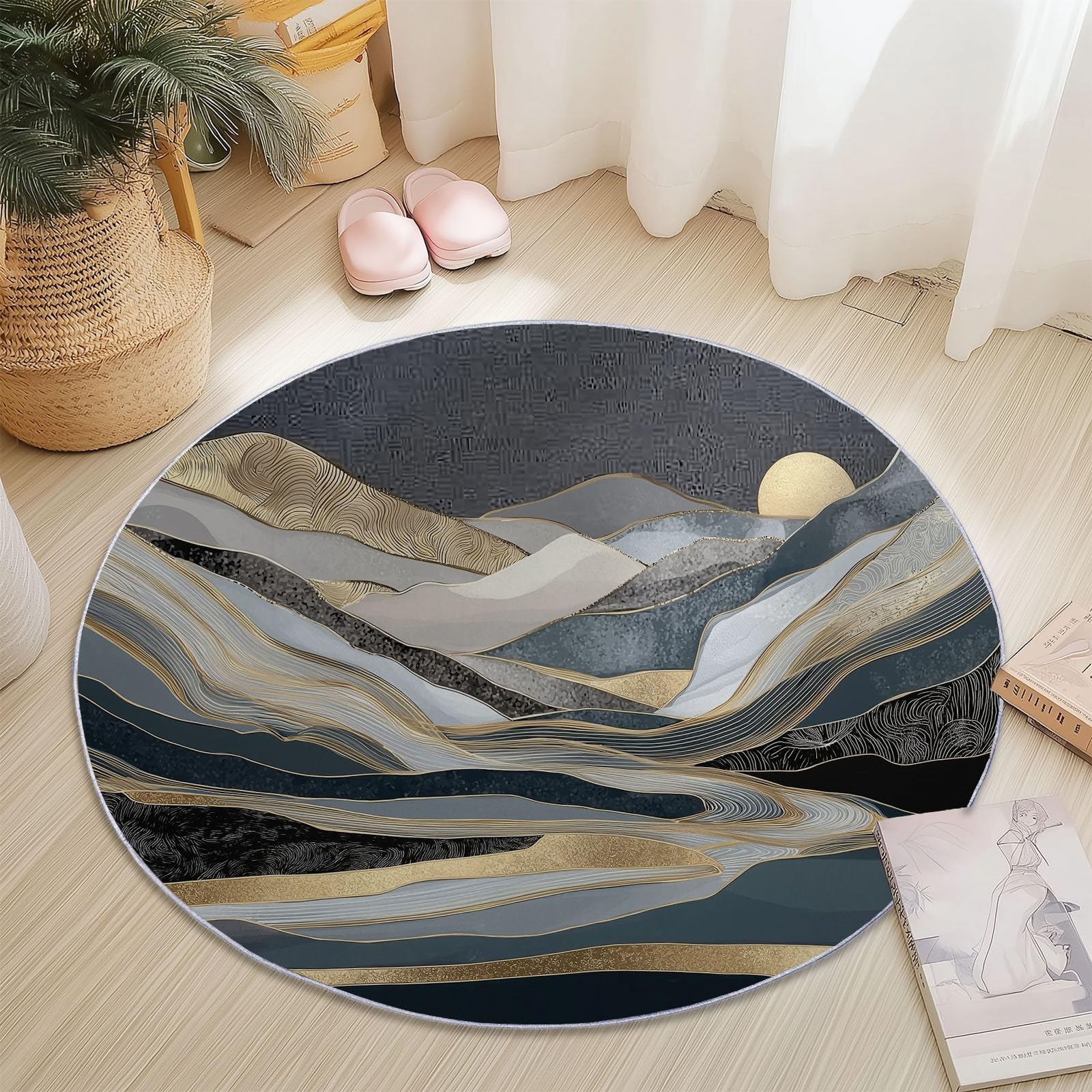 Tappeto Rotondo da 150 cm, con Motivo Astratto a Strisce di Montagna, Lavabile in Lavatrice, Morbido e Antiscivolo, Ideale per Camera da Letto, Soggiorno, Cucina e Arredamento casa