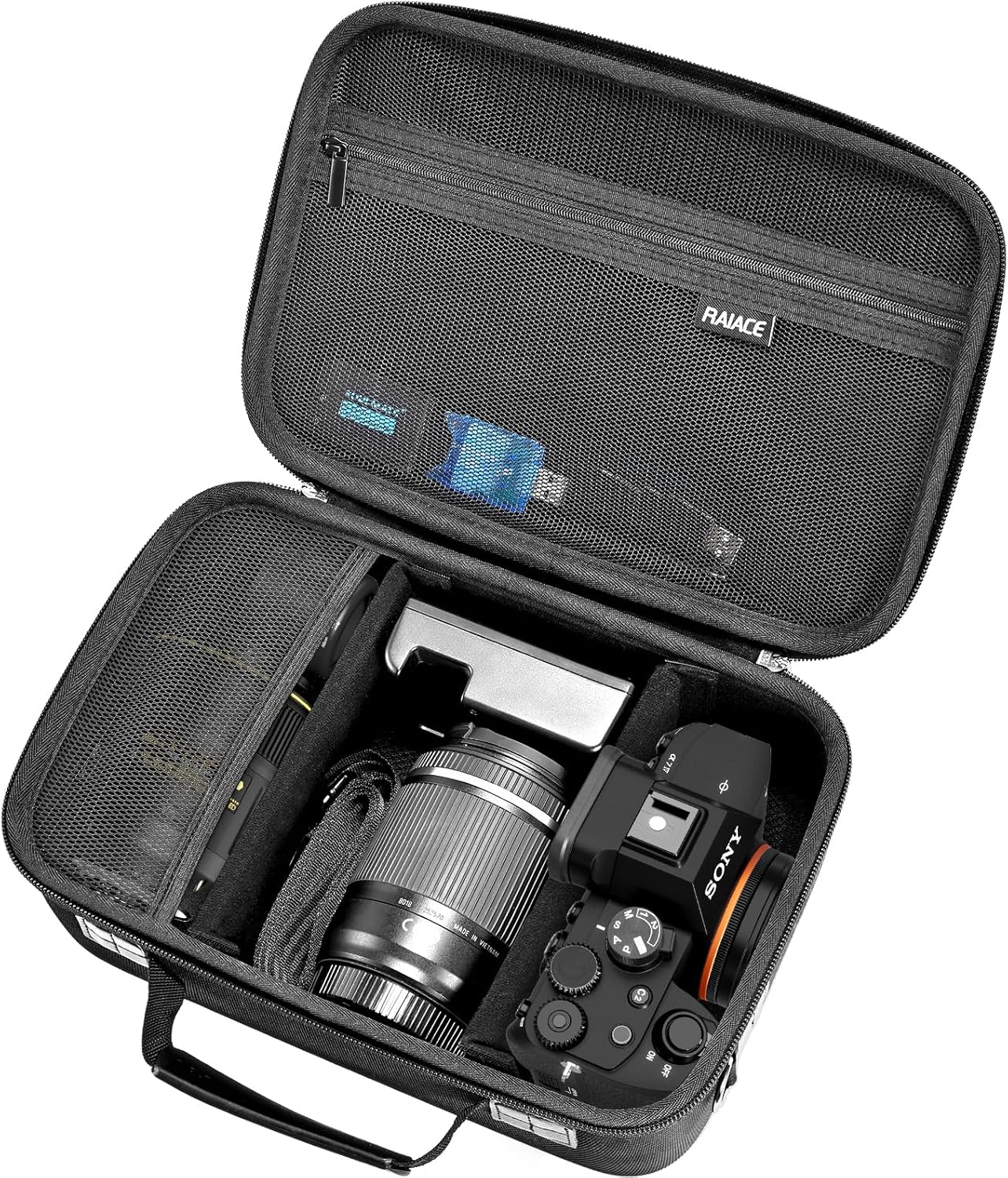RAIACE Hard Case Compatible with Sony Alpha 7 II III IV/7R V Camera, for Nikon, for Canon, for Pentax and More.Large Capacity With Mesh Pocket for Lens, Charger, Cables, Cards and Accessories.-Black - Image 8