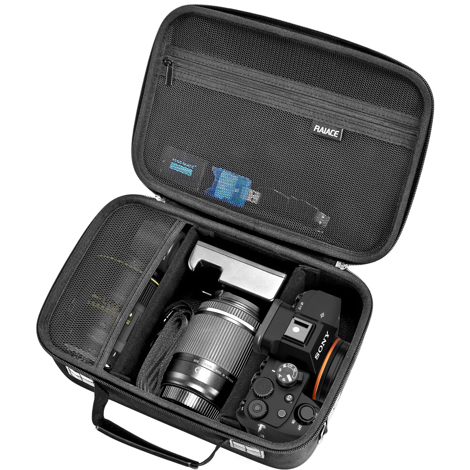 RAIACE Twarda obudowa kompatybilna z aparatem Sony Alpha 7 II III IV/7R V, do Nikon, Canon, Pentax i wielu innych. Z kieszenią z siatki na obiektyw, ładowarkę, kabel i akcesoria. - czarna