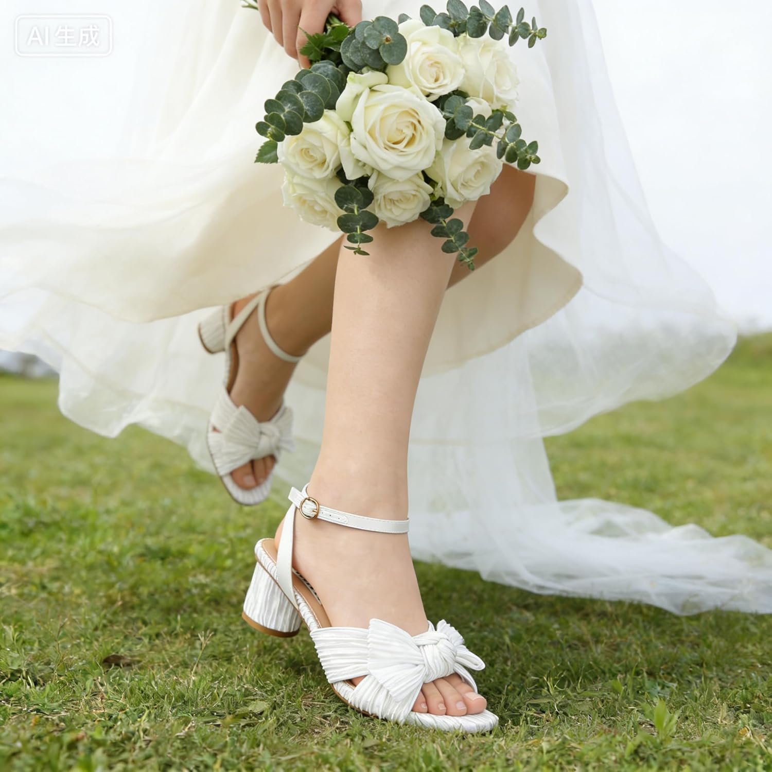 Zzheels Women's Bow Knot Heeled Sandals Open Toe High Block Ankle Strap Chunky Heels Bride Wedding Shoes - Image 2