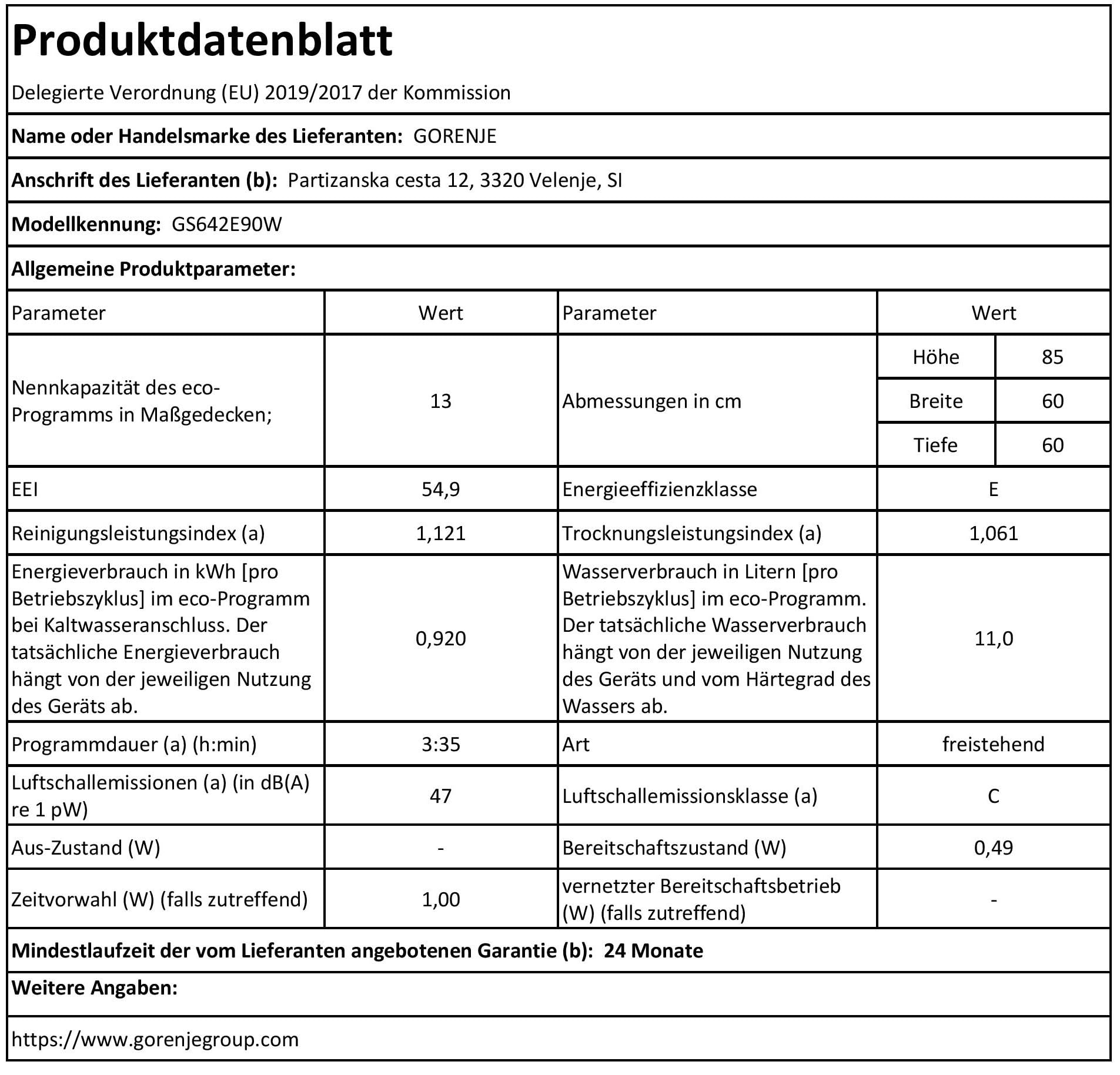 Gorenje GS642E90W - Lavastoviglie autoportante, 60 cm, 13 coperture, Total AquaStop, protezione completa contro il troppopieno, programma igienico, funzione SpeedWash, autopulente, cestino portaposate