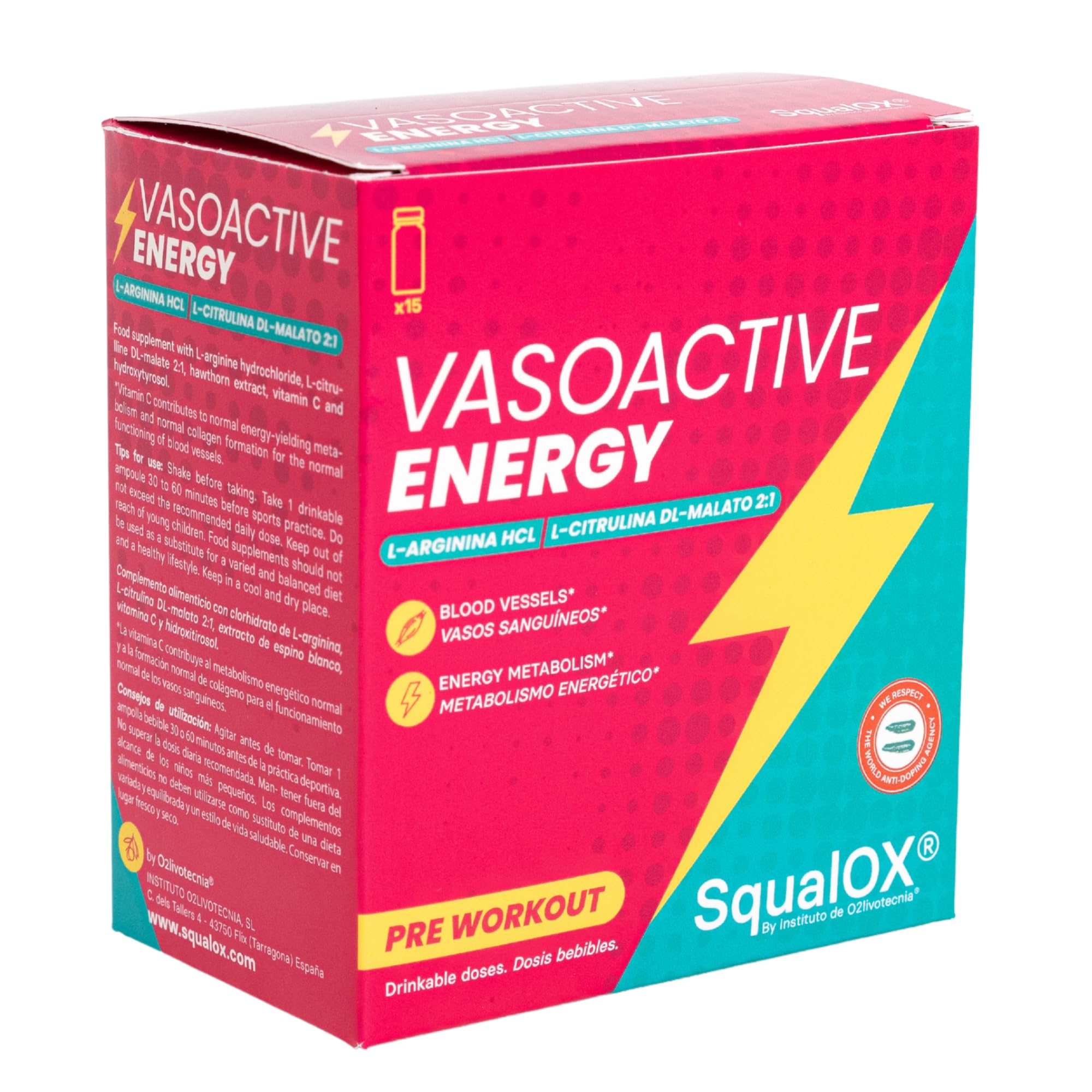 VasoActive Energy - SqualOX® | L-Arginina HCL 5000 mg + Citrulina Malato 2:1 5000 mg por dosis | Vasodilatador Energético | Pre-entreno líquido con Vitamina C y Espino Blanco