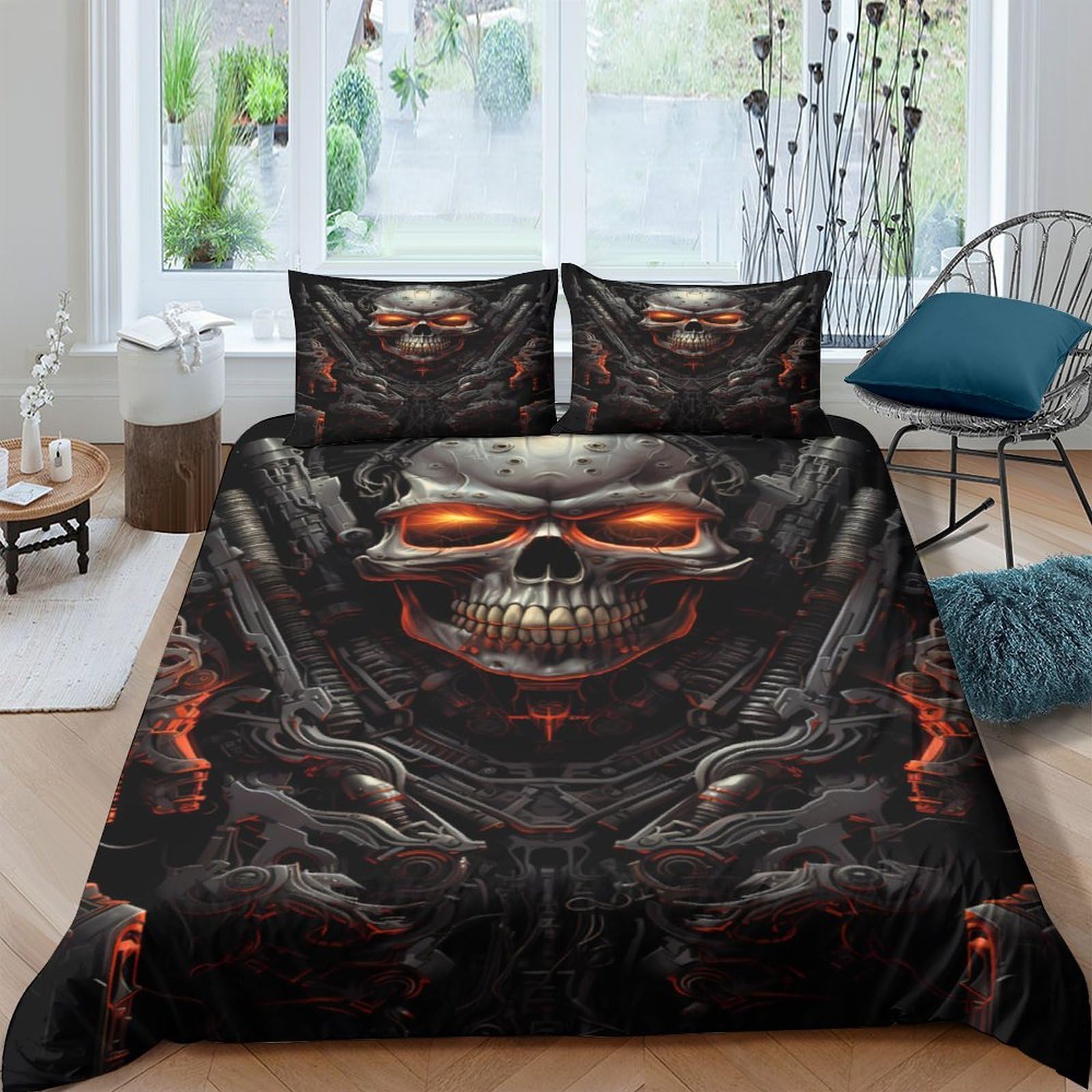 Ctjqhvkz Style-1 3D Printed Skull Flame Fitted Sheet Microfiber Soft Anti-Slip Gothic Skeleton Bed Cover Bedroom Decor Washable Single（135X200cm）