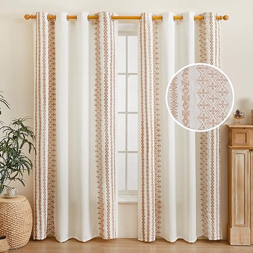 63 Inches Long Farmhouse Curtains for Living Room Vintage Geometric Patterned Textured Linen Curtains Boho Embroidered Cottage Curtains Bedroom 2 Panels, 52 X 63 Inch, Taupe On Beige