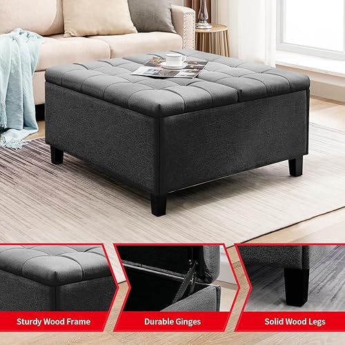 Miniatura 3 de Mesa de centro otomana con elevador, otomana cuadrada con almacenamiento, tela de lino y patas de madera, reposapiés tapizado con asiento acolchado