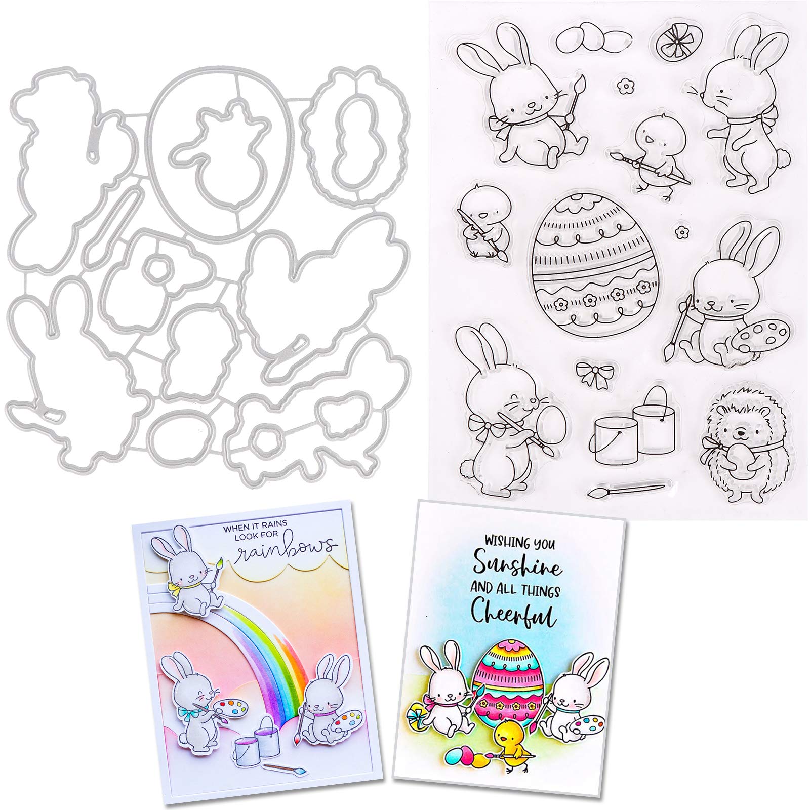 2 Pack Cutting Dies Clear Stamper Set Metal Cartoon Bunny Cut Die Easter Egg Silicone Stamps DIY Rabbit Embossing Moulds 3D Stencil Template for Card Making Decoration Kids Art Craft Gift