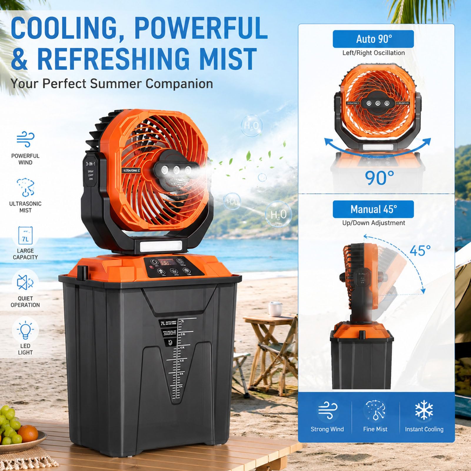 Ventilateur Brumisateur Portable, Ventilateur Oscillant Rechargeable 20000 MAh, 5 Vitesses, 4 Niveaux de Brumisation, Réservoir D Eau 7 L for Extérieur et Camping (ORANGE)