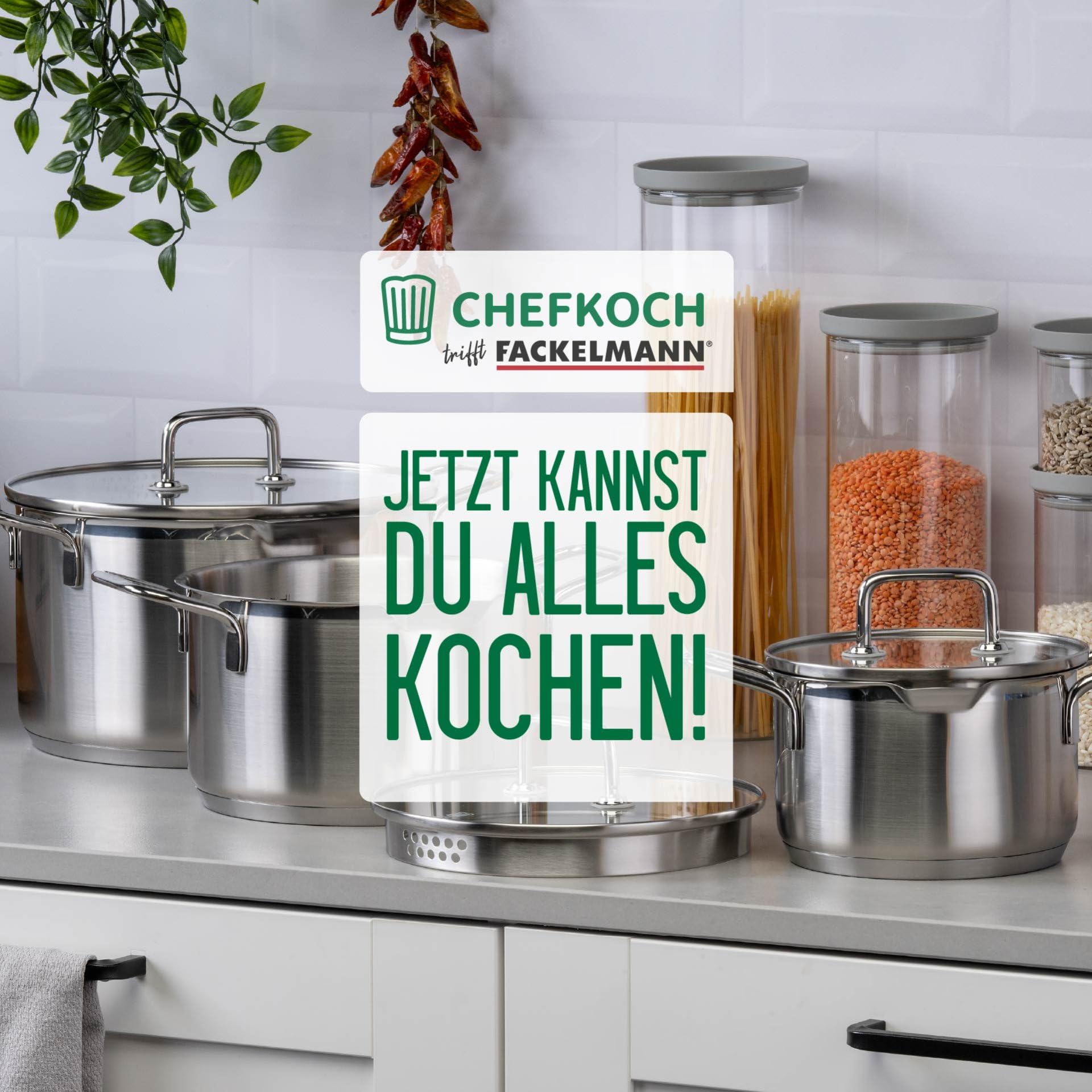 Chefkoch trifft Fackelmann Kochtopf-Set mit Glasdeckel Ø16, 20, 24cm – Aus Premium Edelstahl mit Aluminium-Kern, für alle Herdarten inkl. Induktion