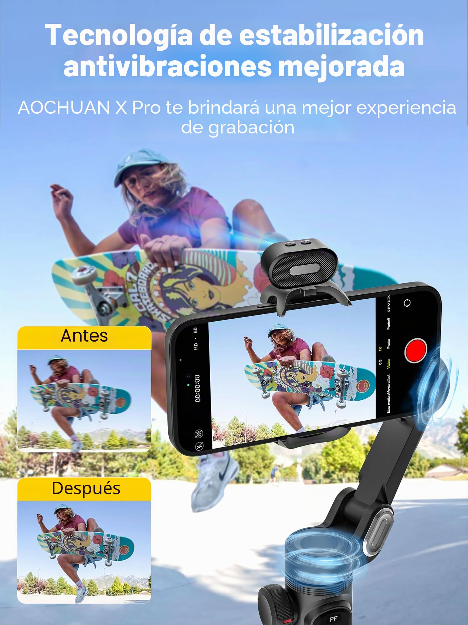Estabilizador de cardán para smartphone, estabilizador de 3 ejes para iPhone y Android, sensor de seguimiento de IA (sin aplicación), cardán de teléfono con pantalla OLED/luz integrada, versión