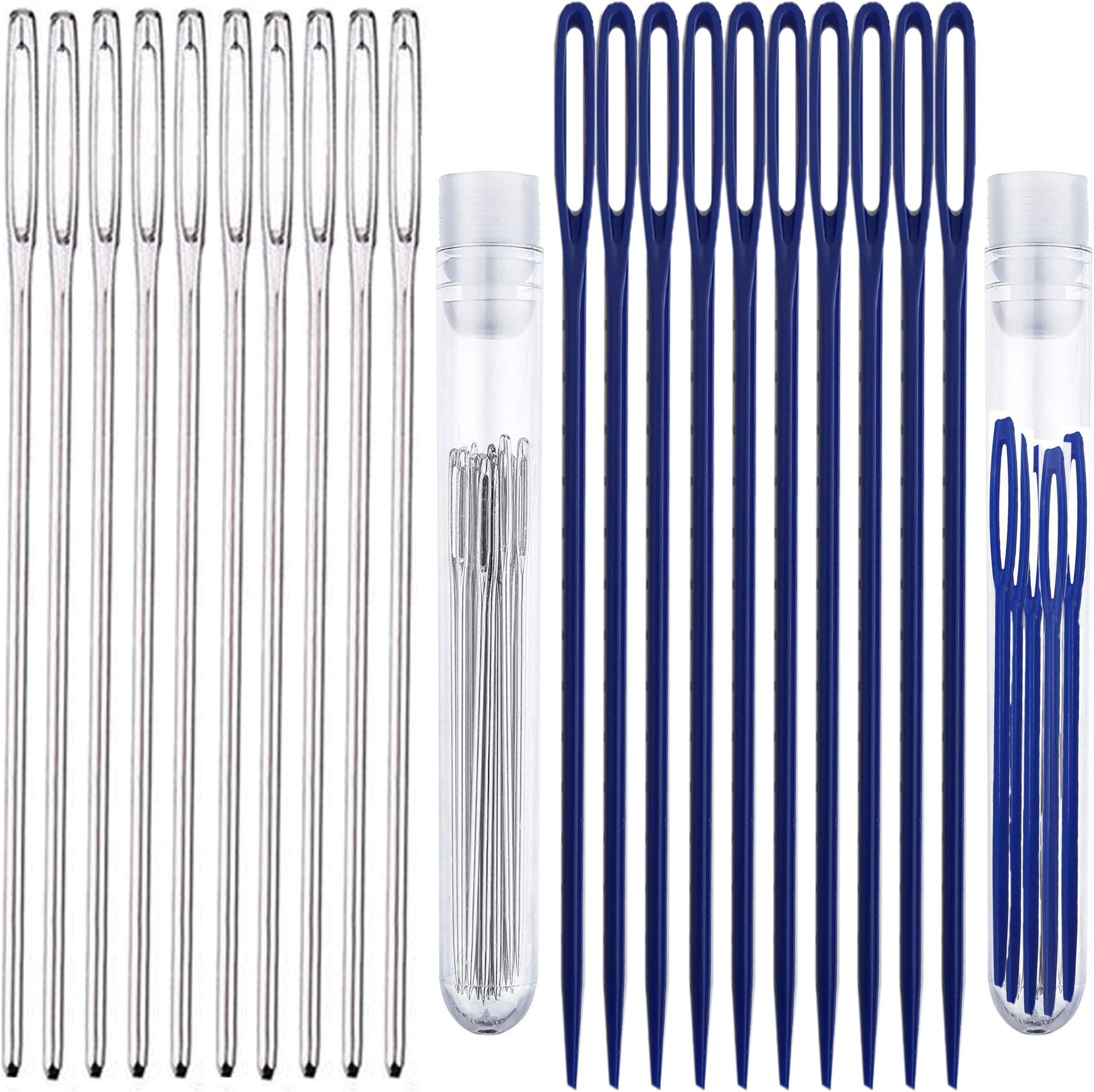 Blunt Large Eye Needles 20 Pcs - Assorted Big Eye 10 Steel and 10 Plastic Yarn Knitting Needles and 2 Clear Tubes