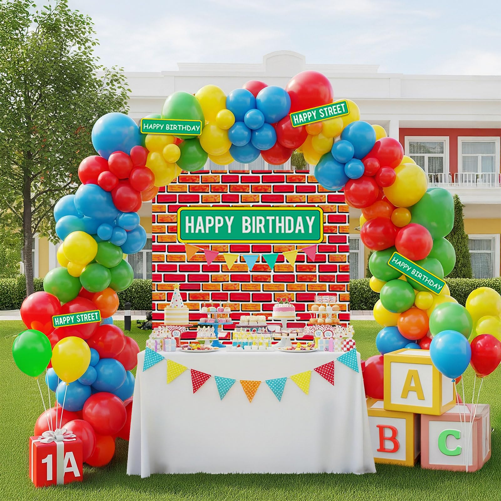 Sesame Friends Birthday Party decorations 140Pcs Cartoon Theme primary color Balloon Garland Kit with red brick wall Backdrop and birthday sticker for