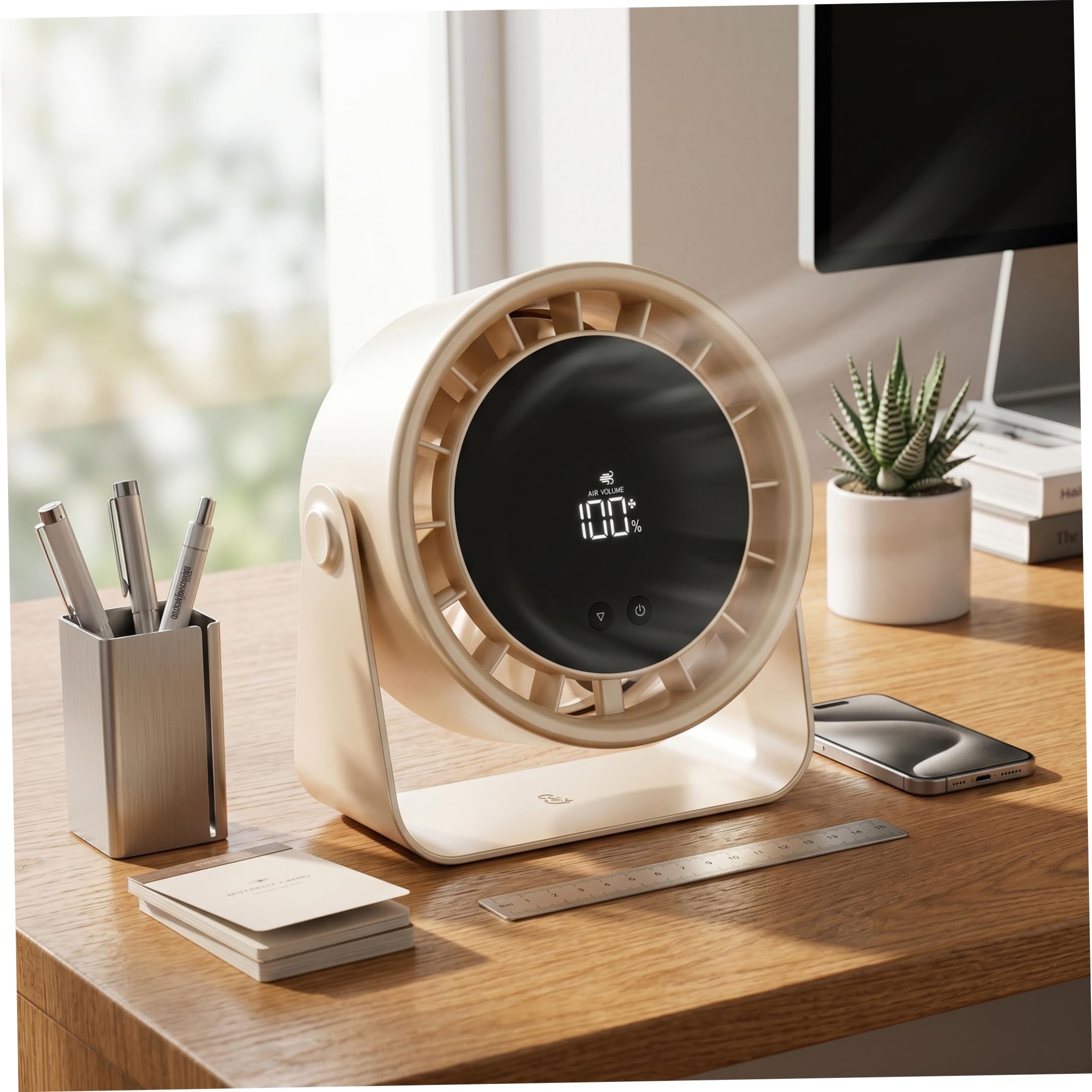 Ventilatore da scrivania silenzioso, ventola di raffreddamento silenziosa a 5 pale Ventole oscillanti ricaricabili tramite USB per dormitorio di home office, comodino beige per ufficio silenzios