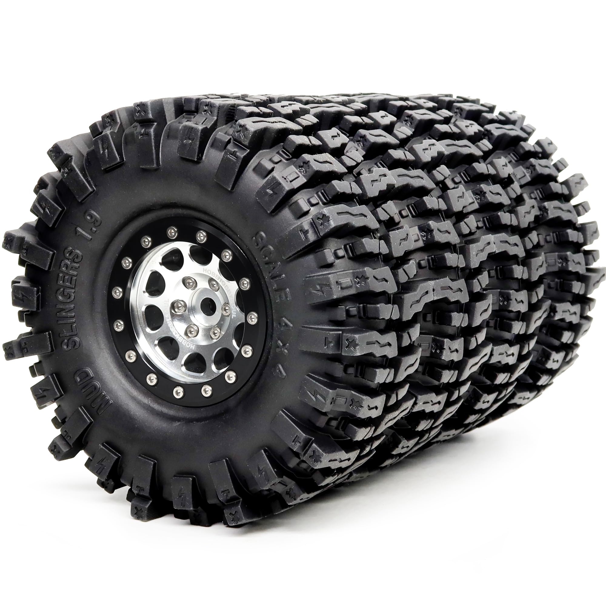 HOBBYSOUL 120mm Tall 1.9 Mud Slingers T8 Tires Tyres Mounted on Aluminum 1.9 Beadlock Wheels for 1/10 RC TRX4 SCX10 Gen8 Upgrades, (4-Pack, HS700570)