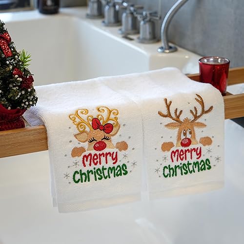 Vista 19 de Paquete de 2 toallas de mano de Navidad, 100% algodón, 100% algodón, para decoración de baño y cocina, toallas de mano navideñas con lazo rojo Red